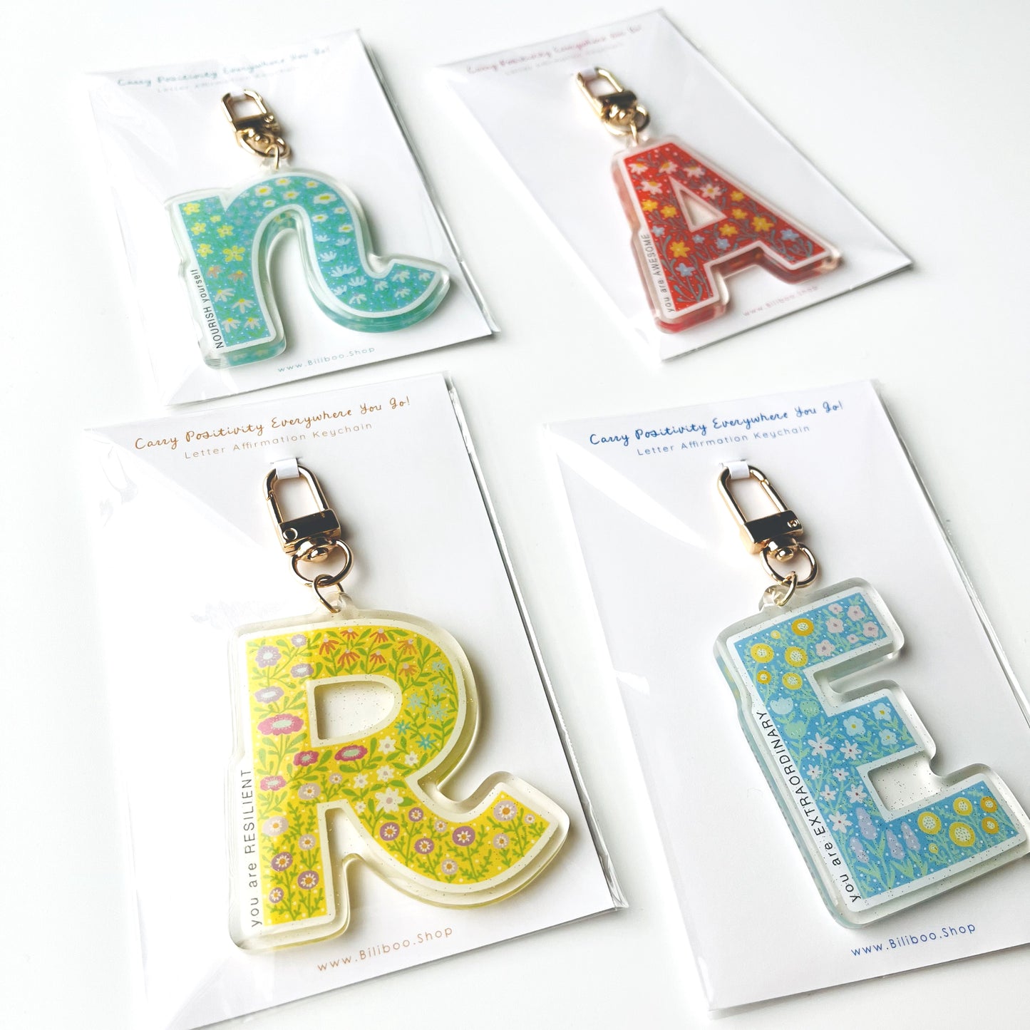 Letter Affirmation Keychains – Floral Pattern Epoxy Acrylic Charm