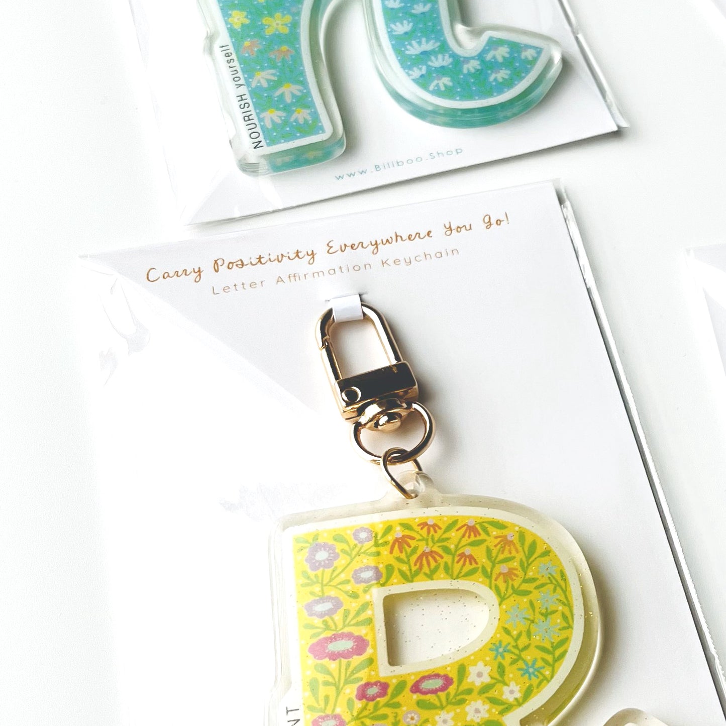 Letter Affirmation Keychains – Floral Pattern Epoxy Acrylic Charm
