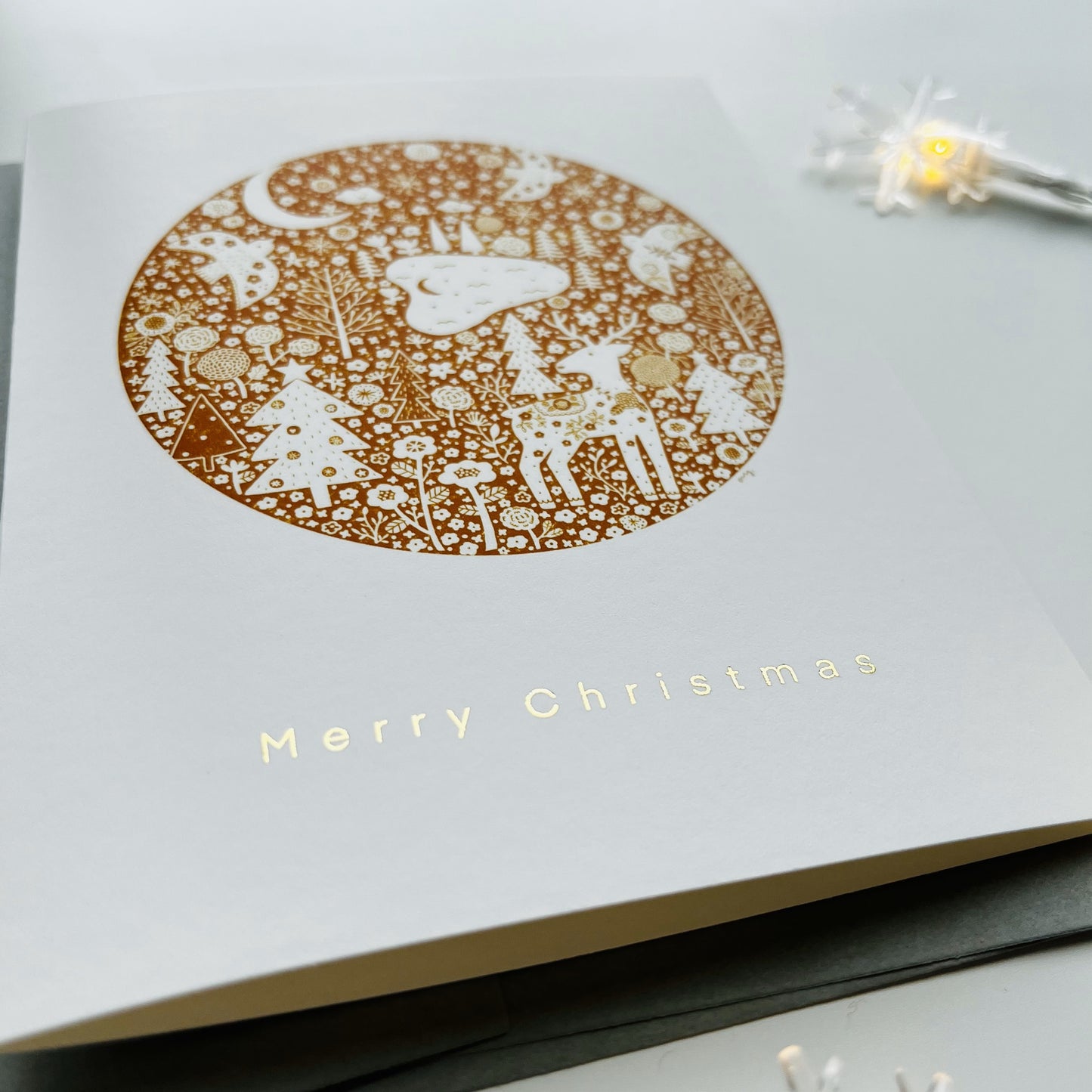 Nordic Night Circle Greeting Card - Gold Foiled Elegant Holiday Card