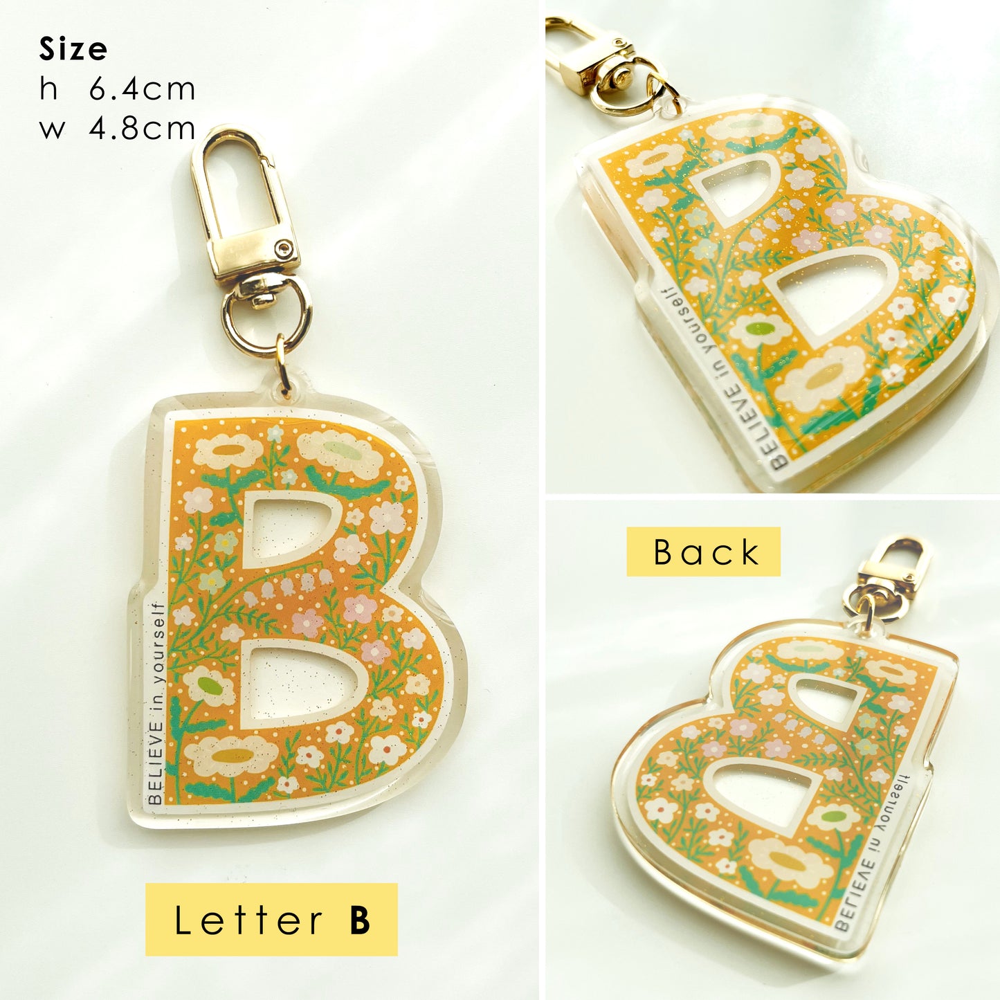 Letter Affirmation Keychains – Floral Pattern Epoxy Acrylic Charm