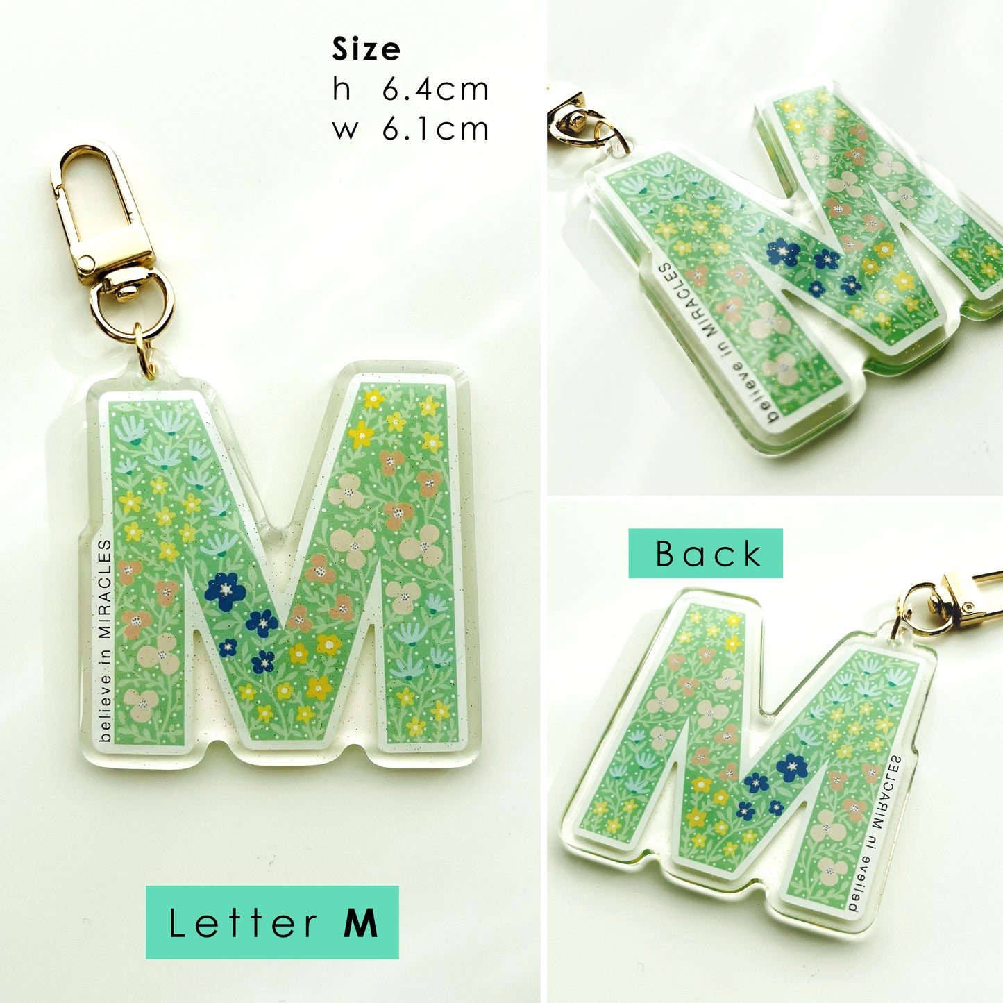 Letter Affirmation Keychains – Floral Pattern Epoxy Acrylic Charm