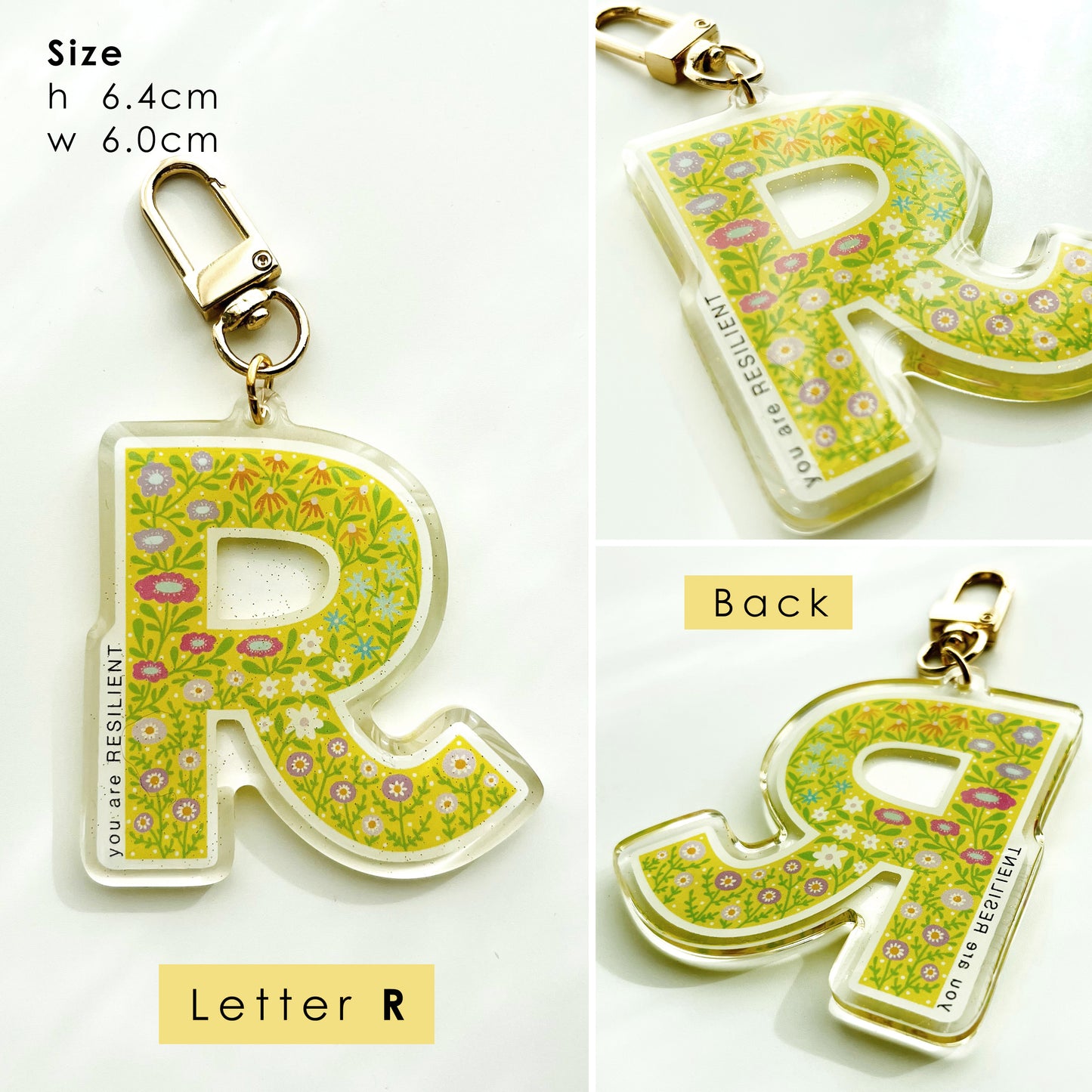 Letter Affirmation Keychains – Floral Pattern Epoxy Acrylic Charm