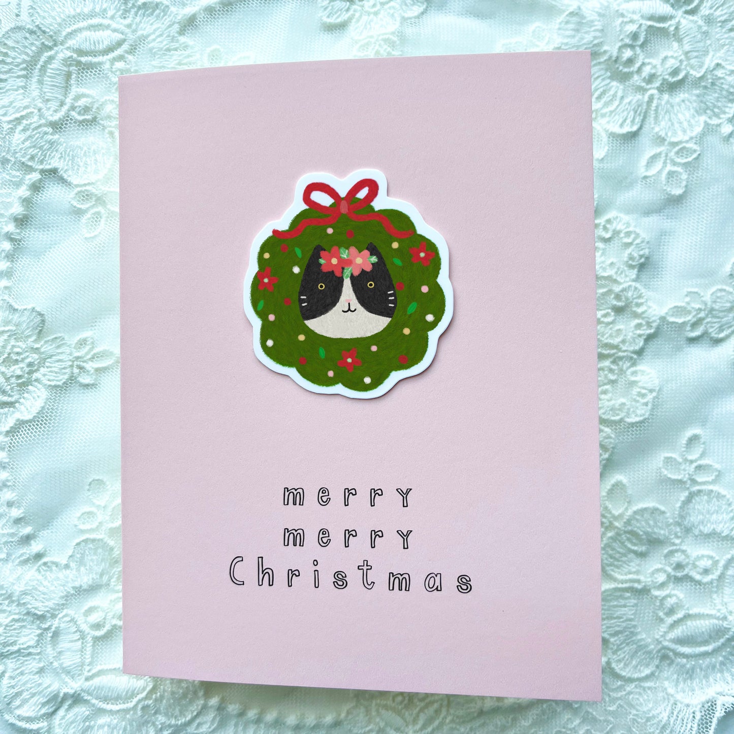 Christmas Cat Sticker Card - Pink