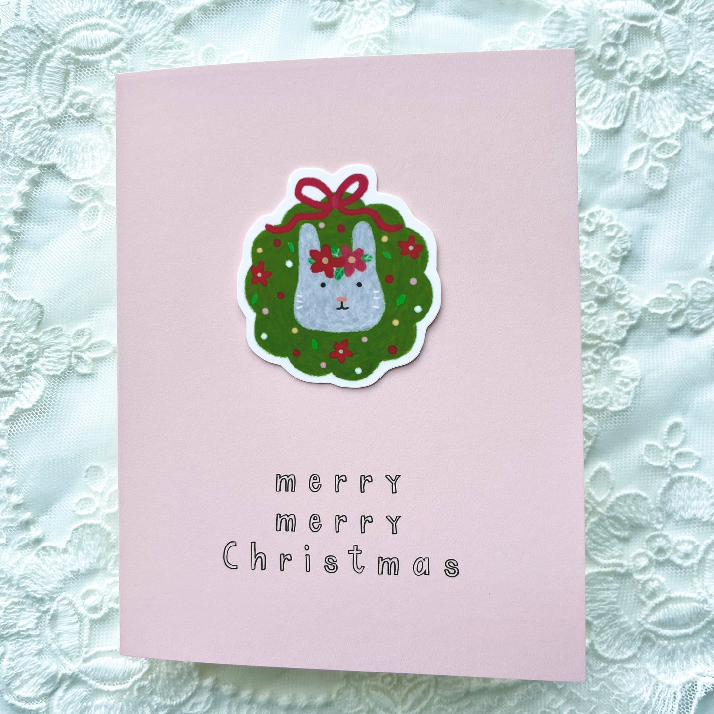 Christmas Rabbit Sticker Card - Pink