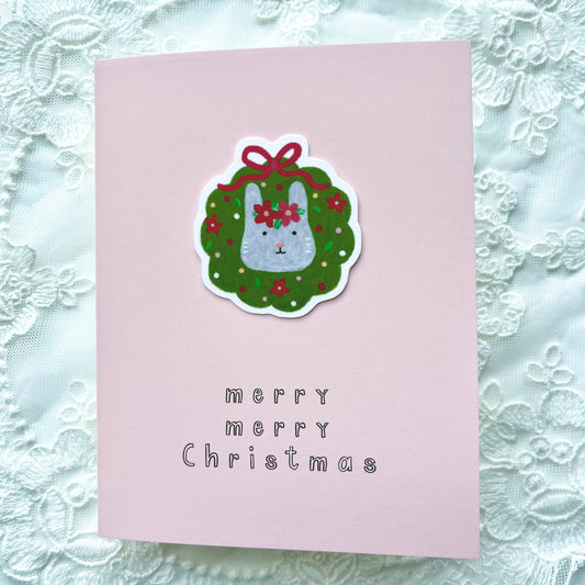 Christmas Rabbit Sticker Card - Pink