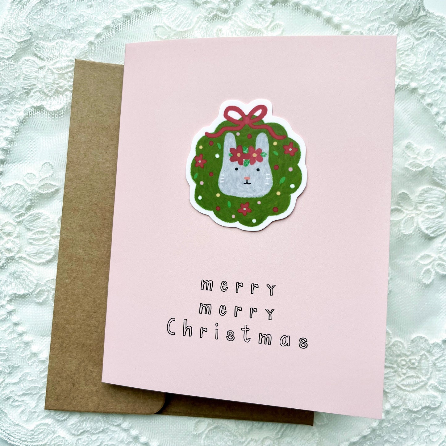 Christmas Rabbit Sticker Card - Pink
