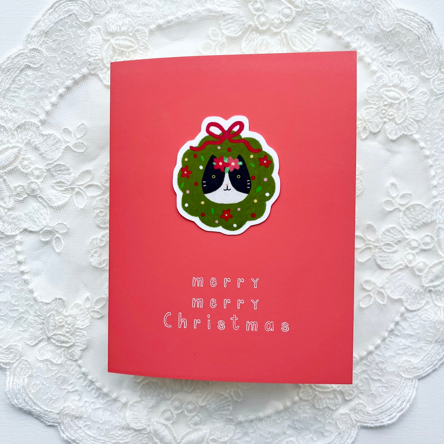 Christmas Cat Sticker Card - Red