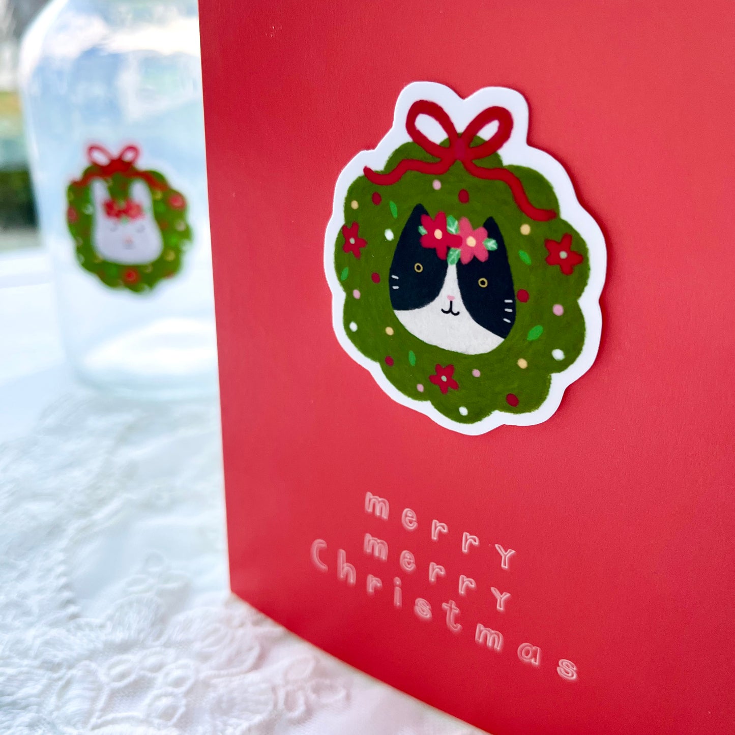 Christmas Cat Sticker Card - Red