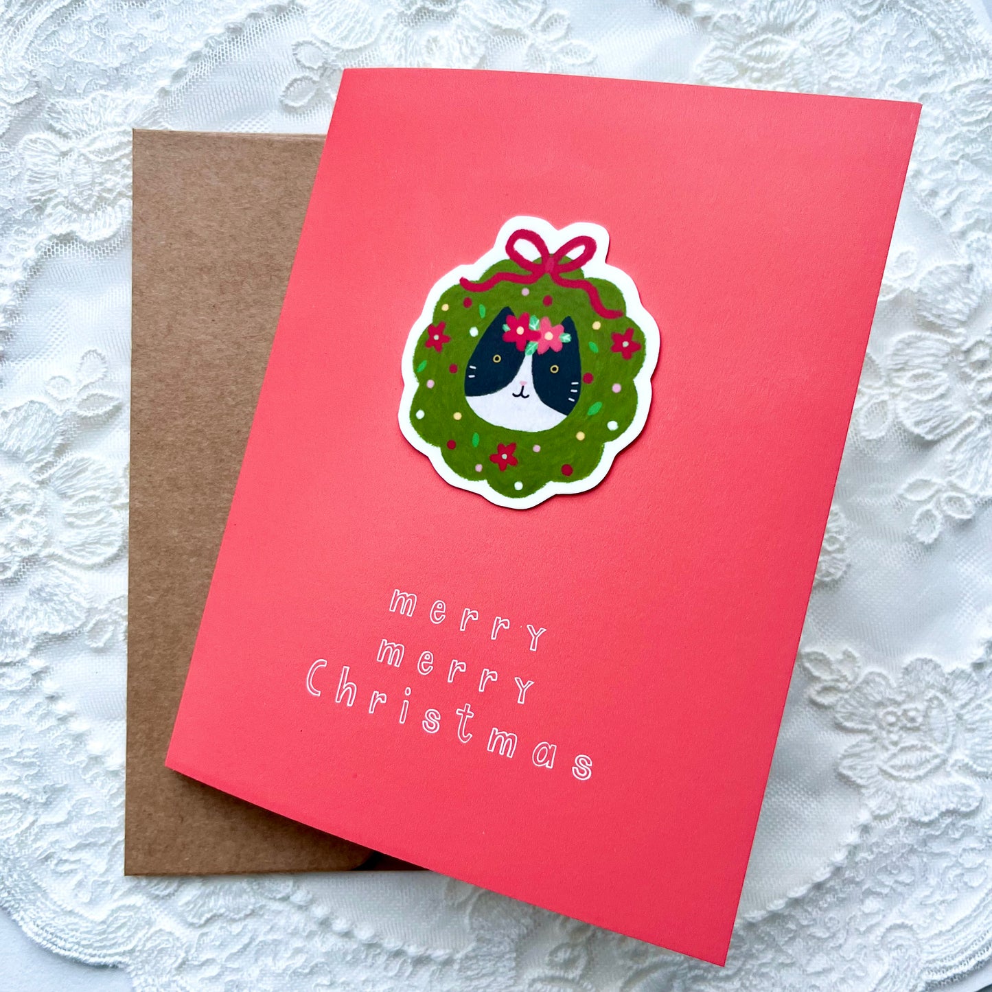 Christmas Cat Sticker Card - Red