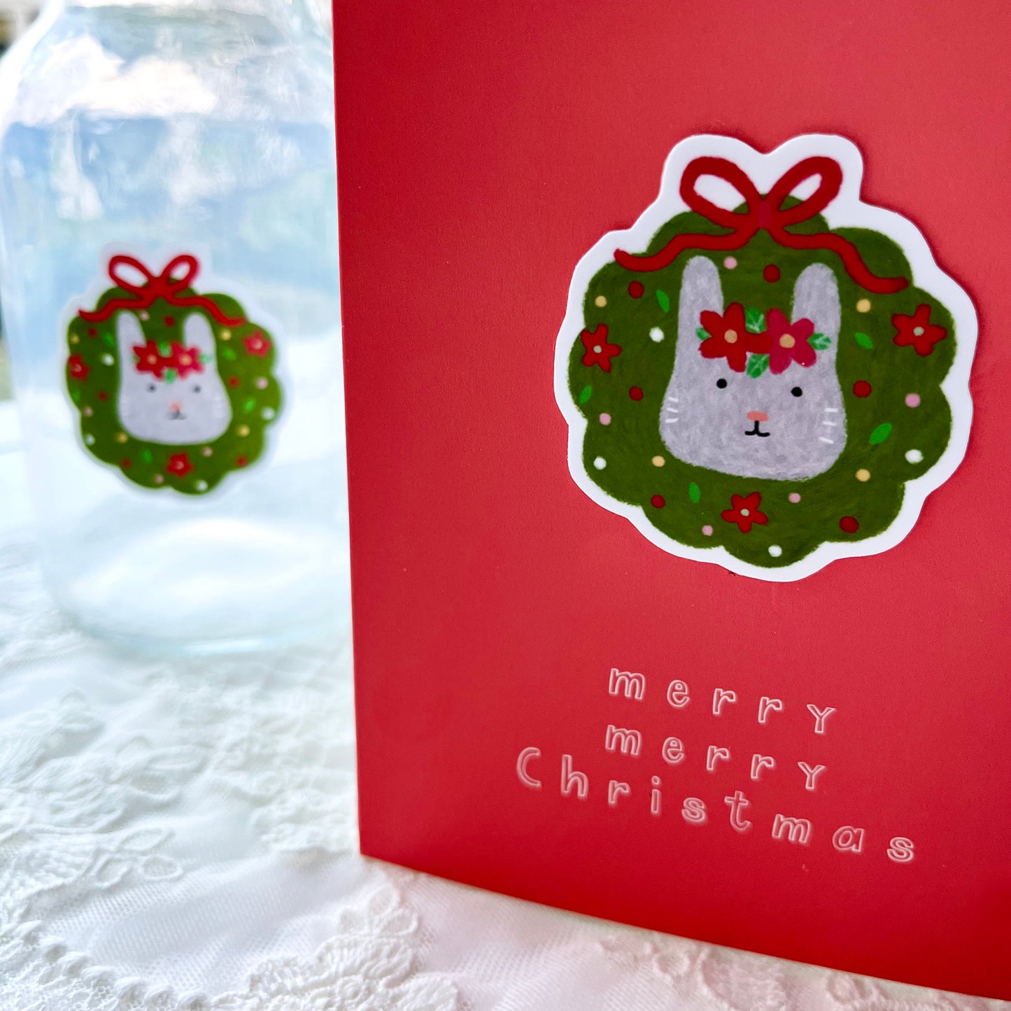 Christmas Rabbit Sticker Card - Red