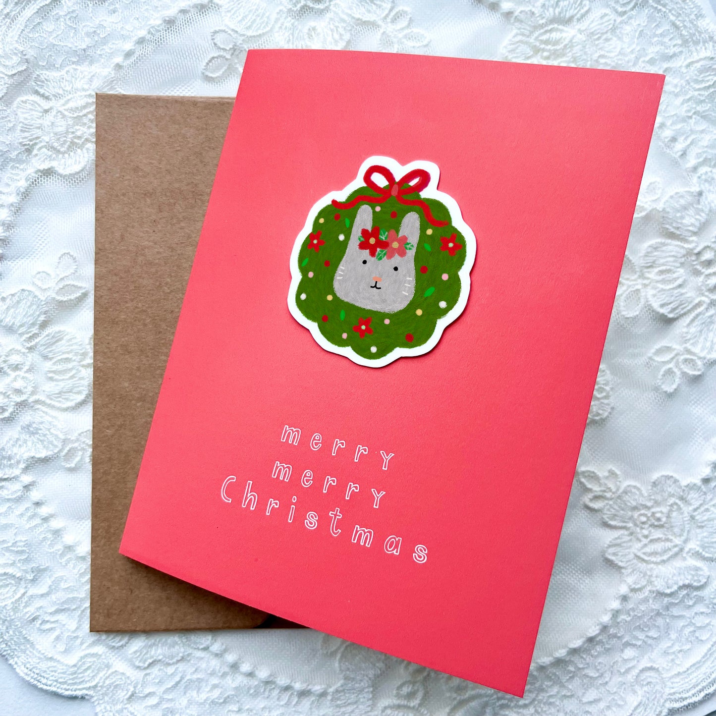 Christmas Rabbit Sticker Card - Red