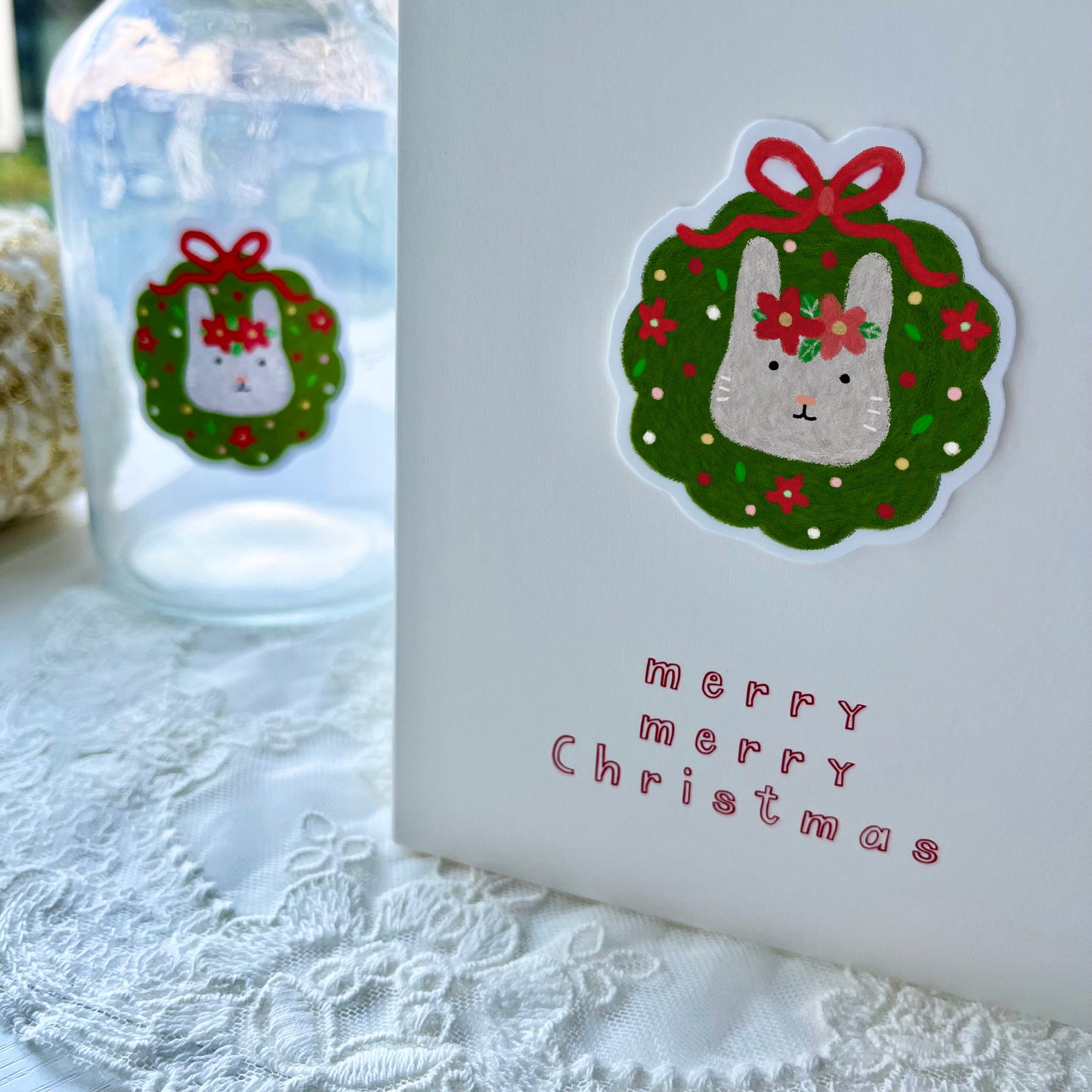 Christmas Rabbit Sticker Card - White