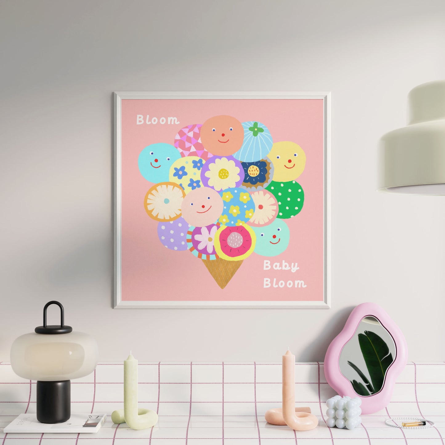 Close-up mock-up of the ‘Bloom Baby Bloom’ square poster from the haPPy scOOp Collection, showcased in a warm, minimalist space.