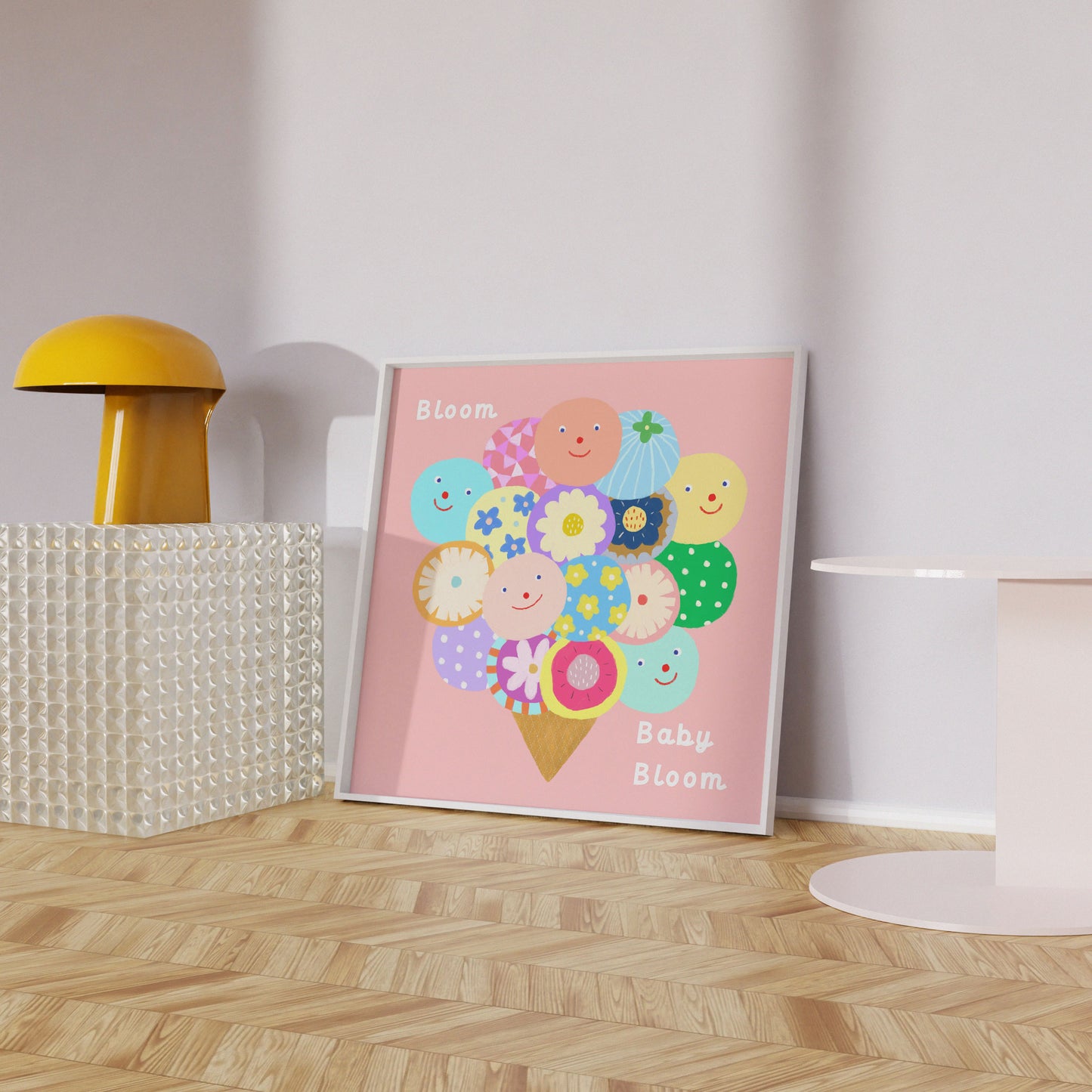 Bloom Baby Bloom poster mock-up from Biliboo Shop’s haPPy scOOp Collection, displayed in a modern room setting.