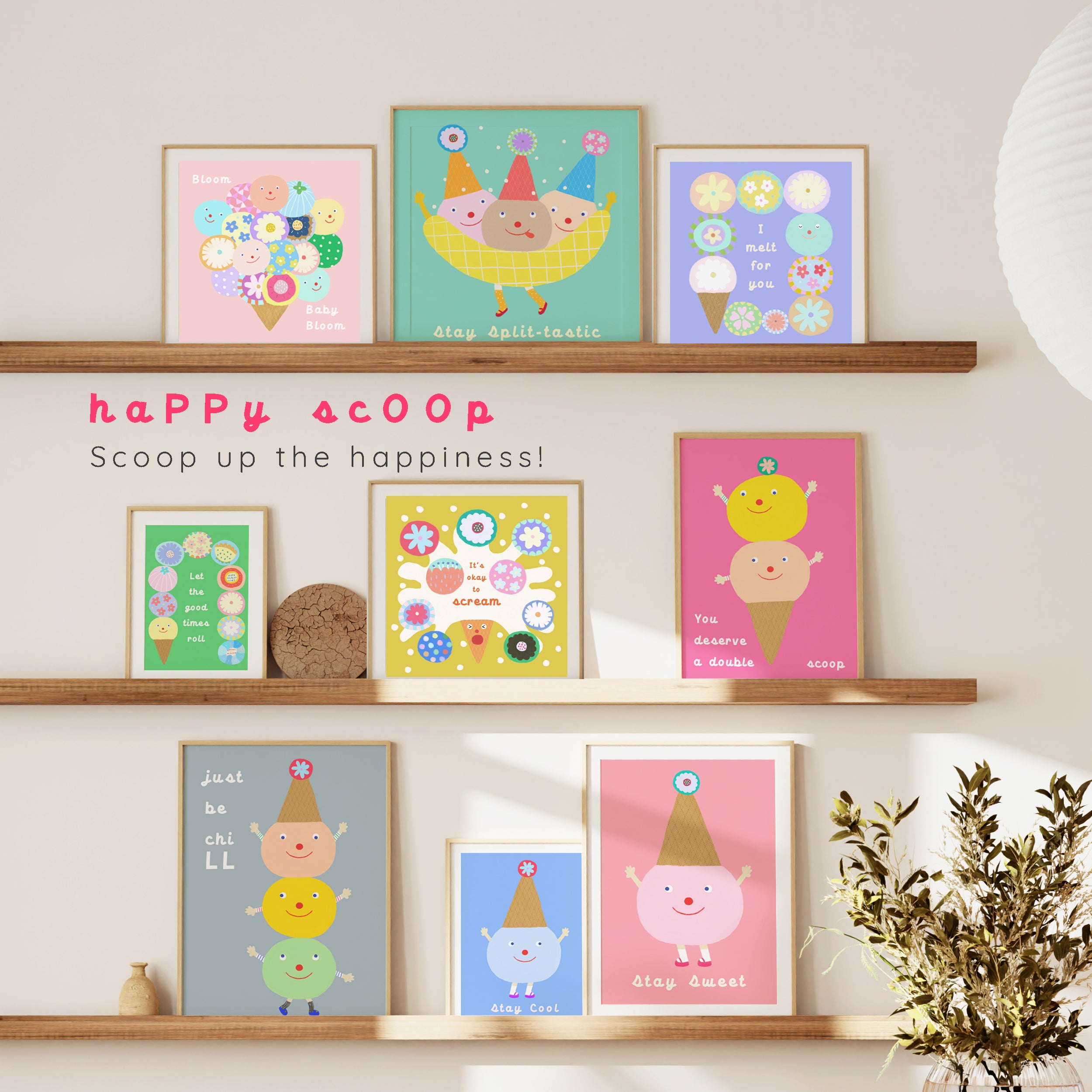 Group shot of multiple haPPy scOOp Posters by Biliboo Shop, showcasing various ice cream-themed designs together.