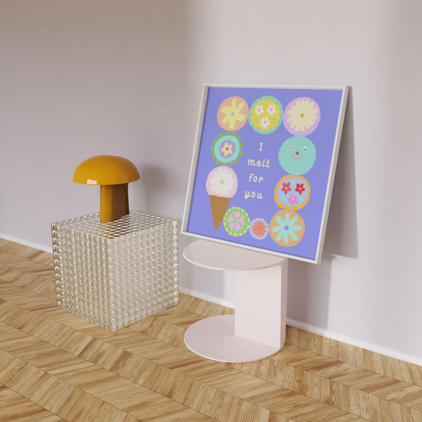 Mock-up of the ‘I Melt for You’ square poster from Biliboo Shop’s haPPy scOOp Collection, displayed on a modern pedestal.
