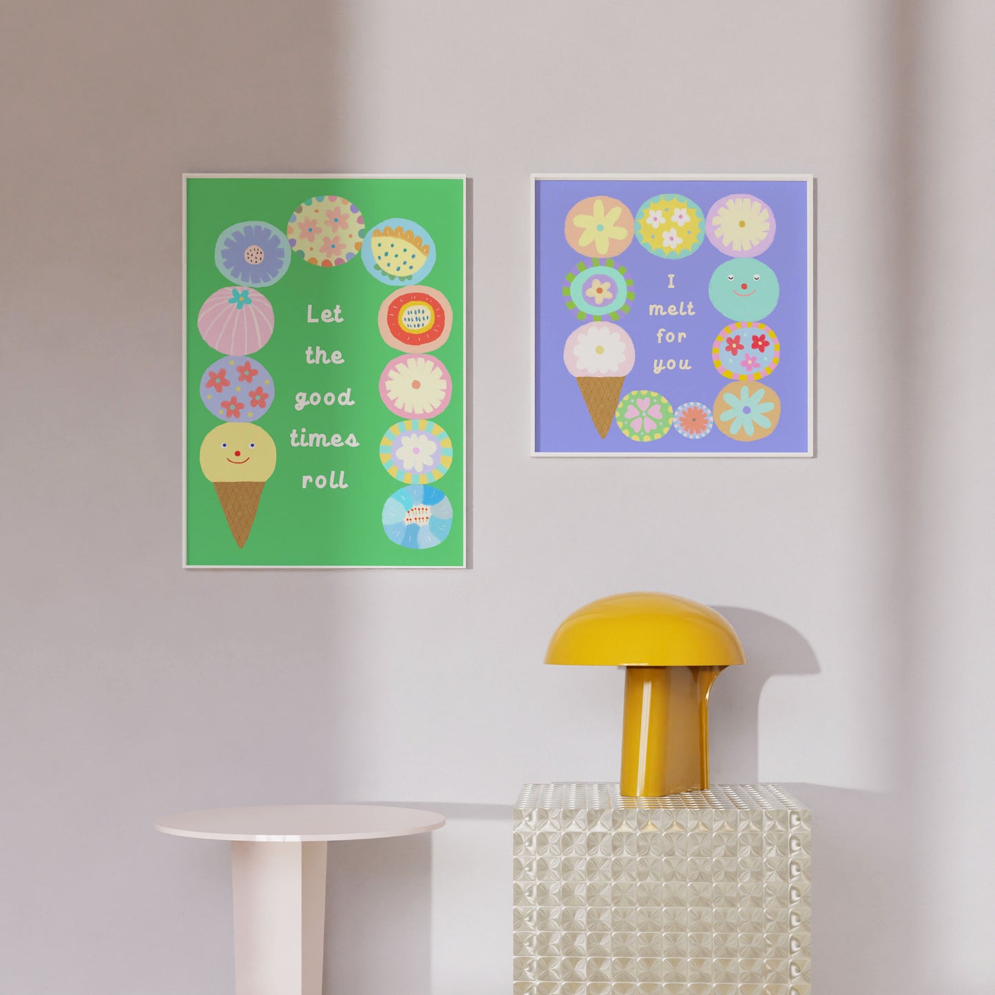 Side-by-side mock-up featuring the ‘I Melt for You’ poster next to ‘Let the Good Times Roll’ in a bright, modern living area.