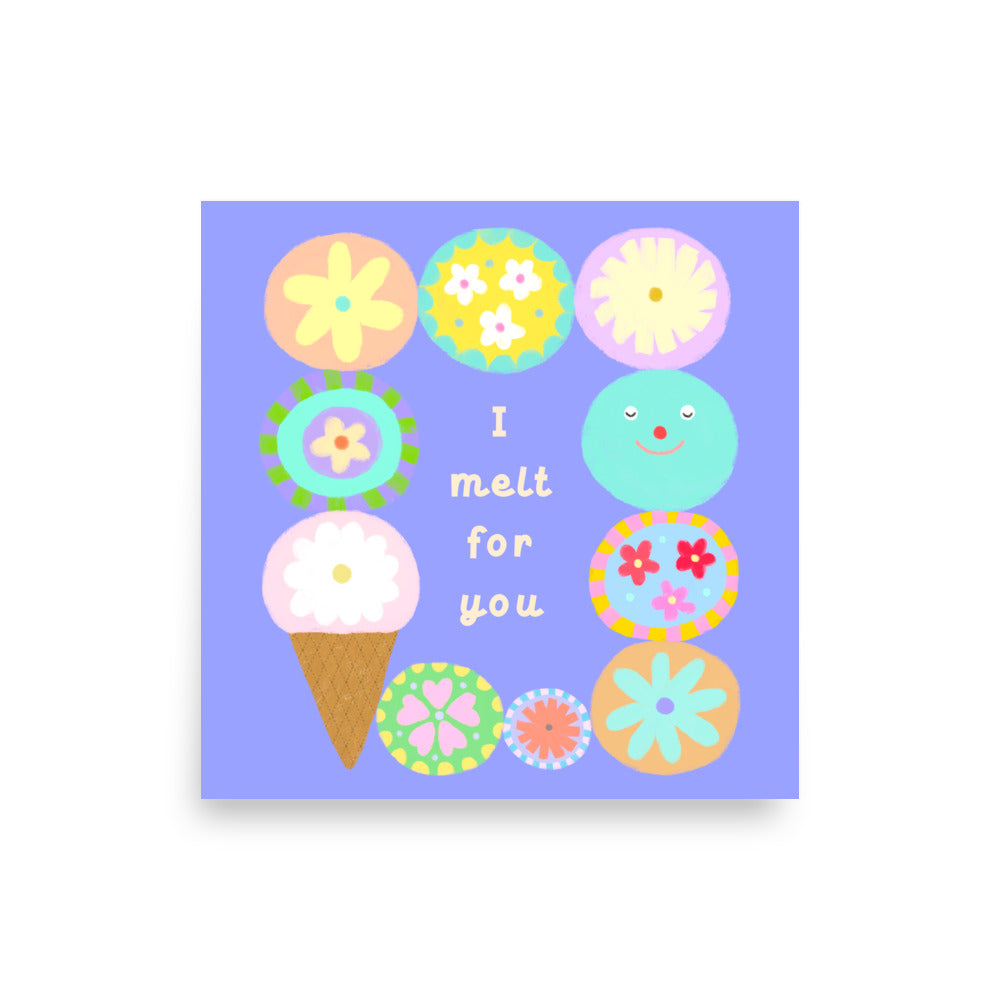 Square ‘I Melt for You’ ice cream poster by Biliboo Shop, showing playful scoops and a heartfelt message in the haPPy scOOp Collection. 12x12"