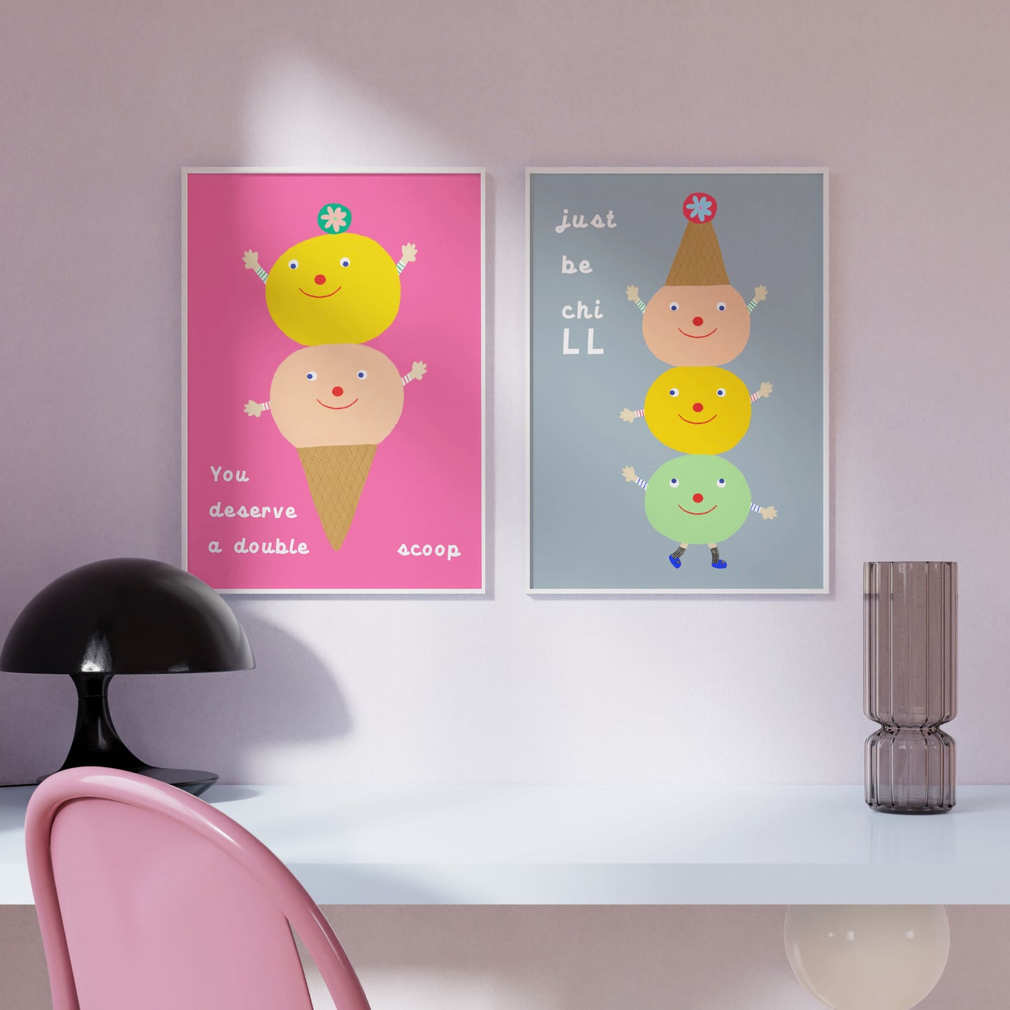 Mock-up featuring the ‘Just Be Chill’ poster side by side with ‘You Deserve a Double Scoop’ poster from Biliboo Shop’s haPPy scOOp Collection.