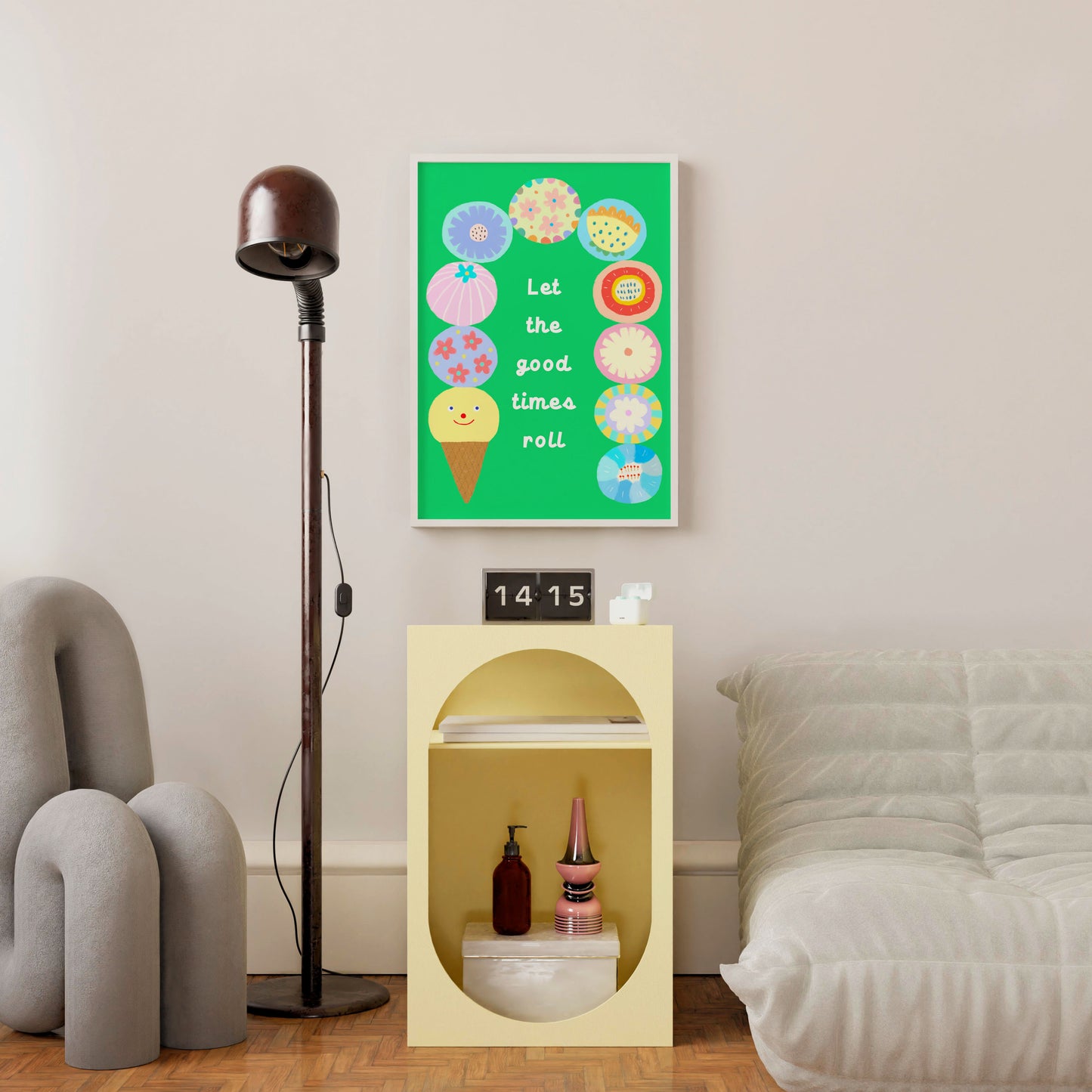 ‘Let the Good Times Roll’ ice cream poster by Biliboo Shop, hanging above a minimalist cabinet in a neutral living space.