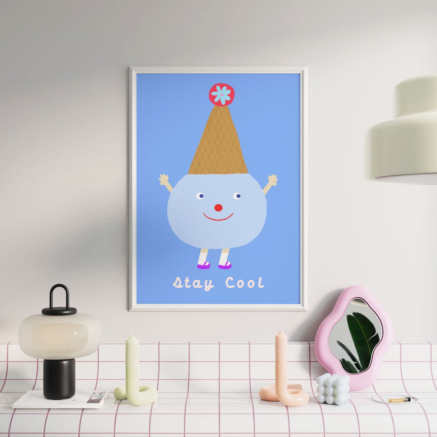 ‘Stay Cool’ haPPy scOOp Poster displayed on a minimalist table, surrounded by modern decor elements.