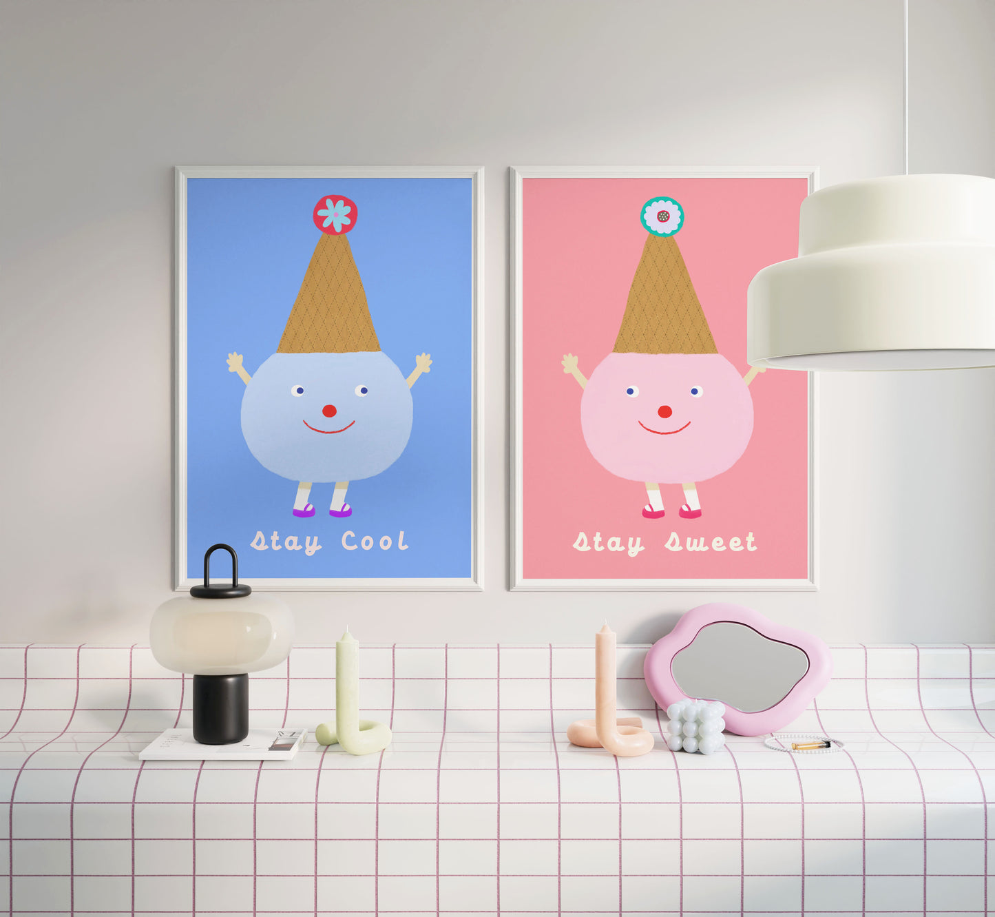 Two posters—‘Stay Cool’ and ‘Stay Sweet’—side by side in a bright, tiled workspace from Biliboo Shop.