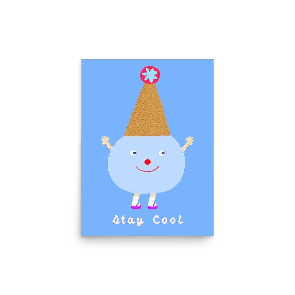 Stay Cool portrait poster by Biliboo Shop, spotlighting a friendly ice-cream character with a summery vibe in the haPPy scOOp series. 12x16"