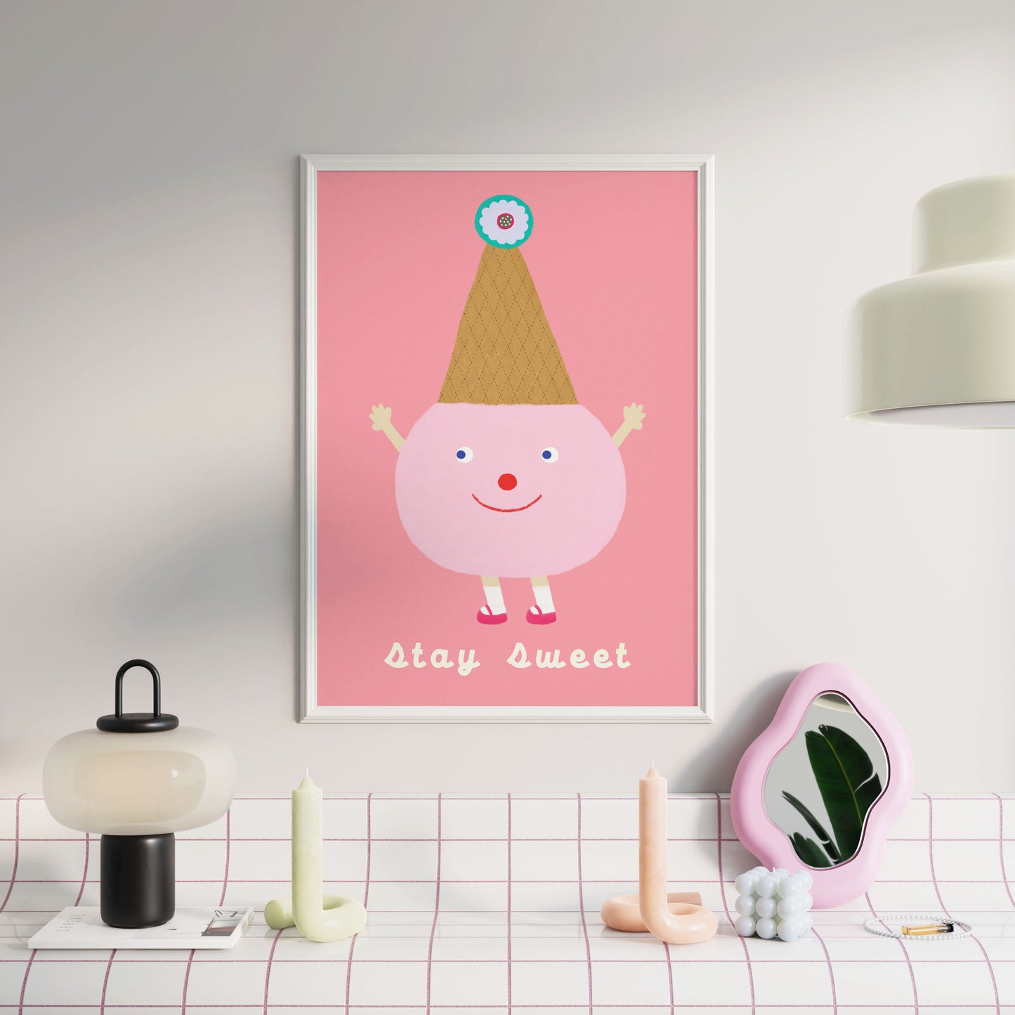 ‘Stay Sweet’ haPPy scOOp Poster from Biliboo Shop, styled in a clean, white interior with soft decorative accents.