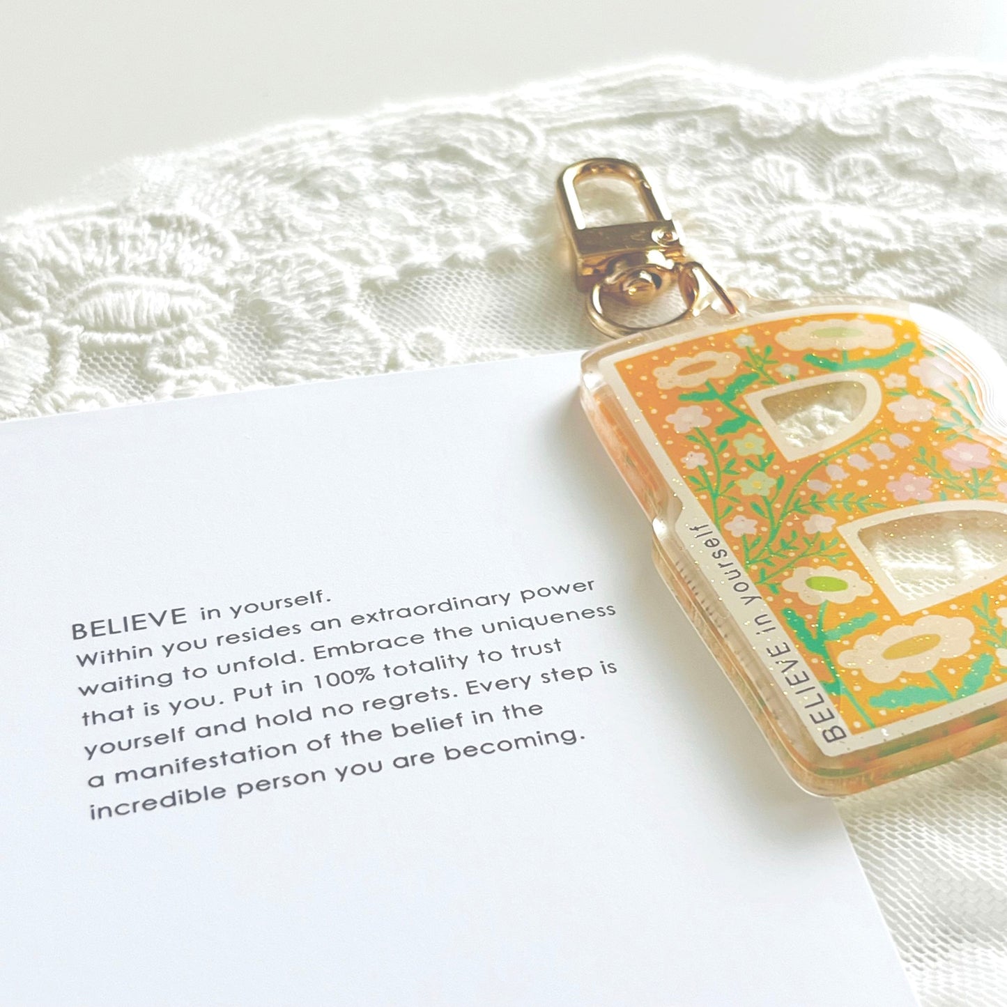 Letter B Affirmation Keychain – BELIEVE Floral Acrylic Charm
