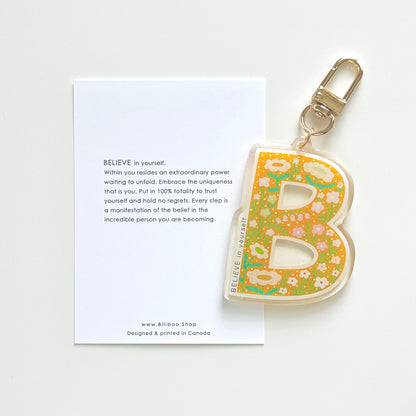 Letter B Affirmation Keychain – BELIEVE Floral Acrylic Charm