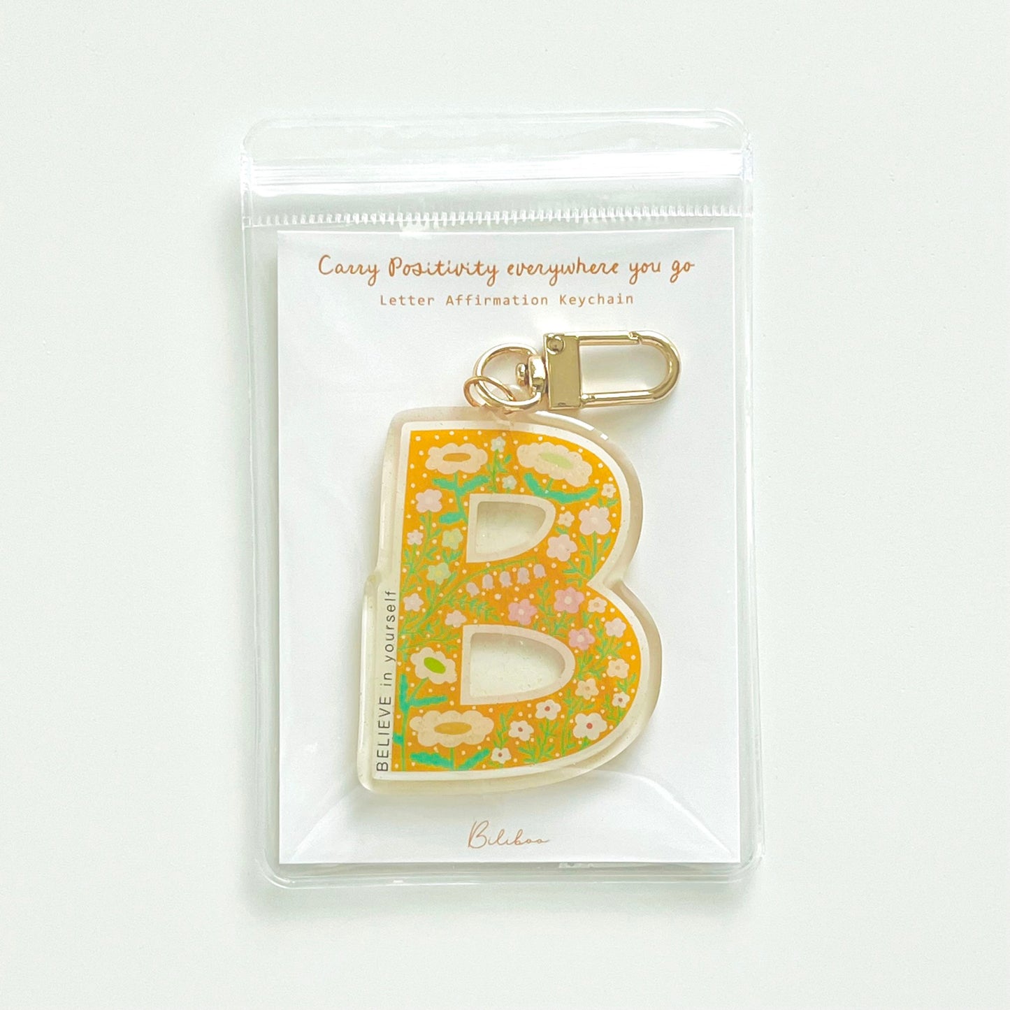 Letter B Affirmation Keychain – BELIEVE Floral Acrylic Charm