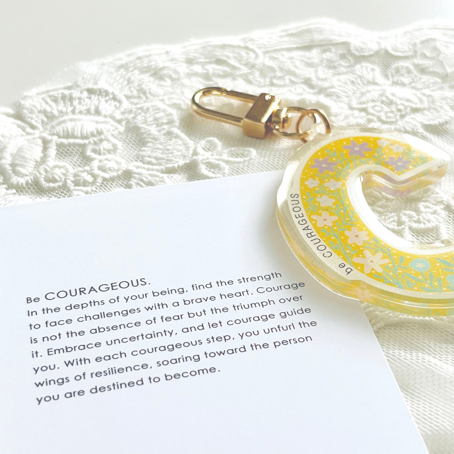 Letter Affirmation Keychains – Floral Pattern Epoxy Acrylic Charm