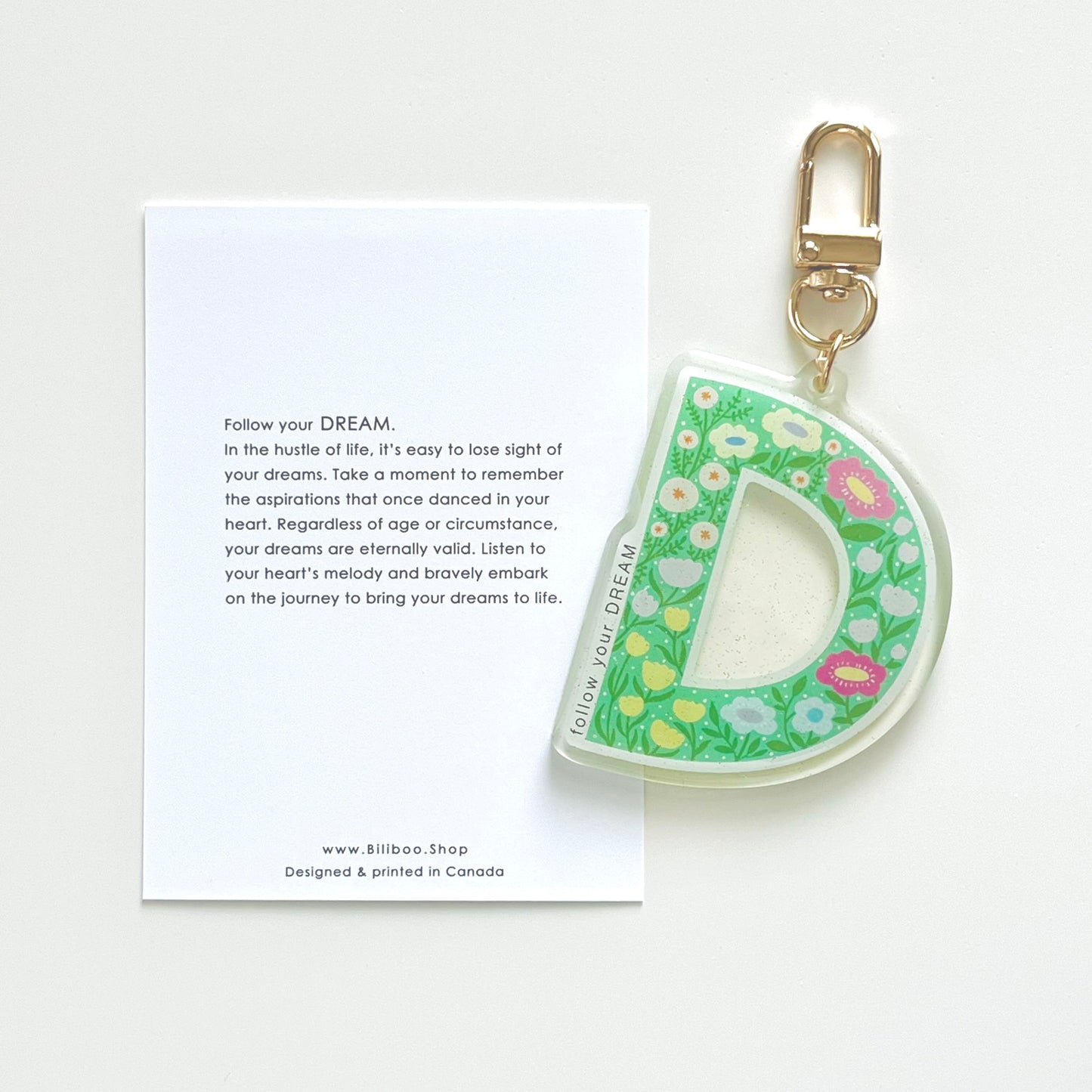 Letter D Affirmation Keychain – DREAM Floral Acrylic Charm