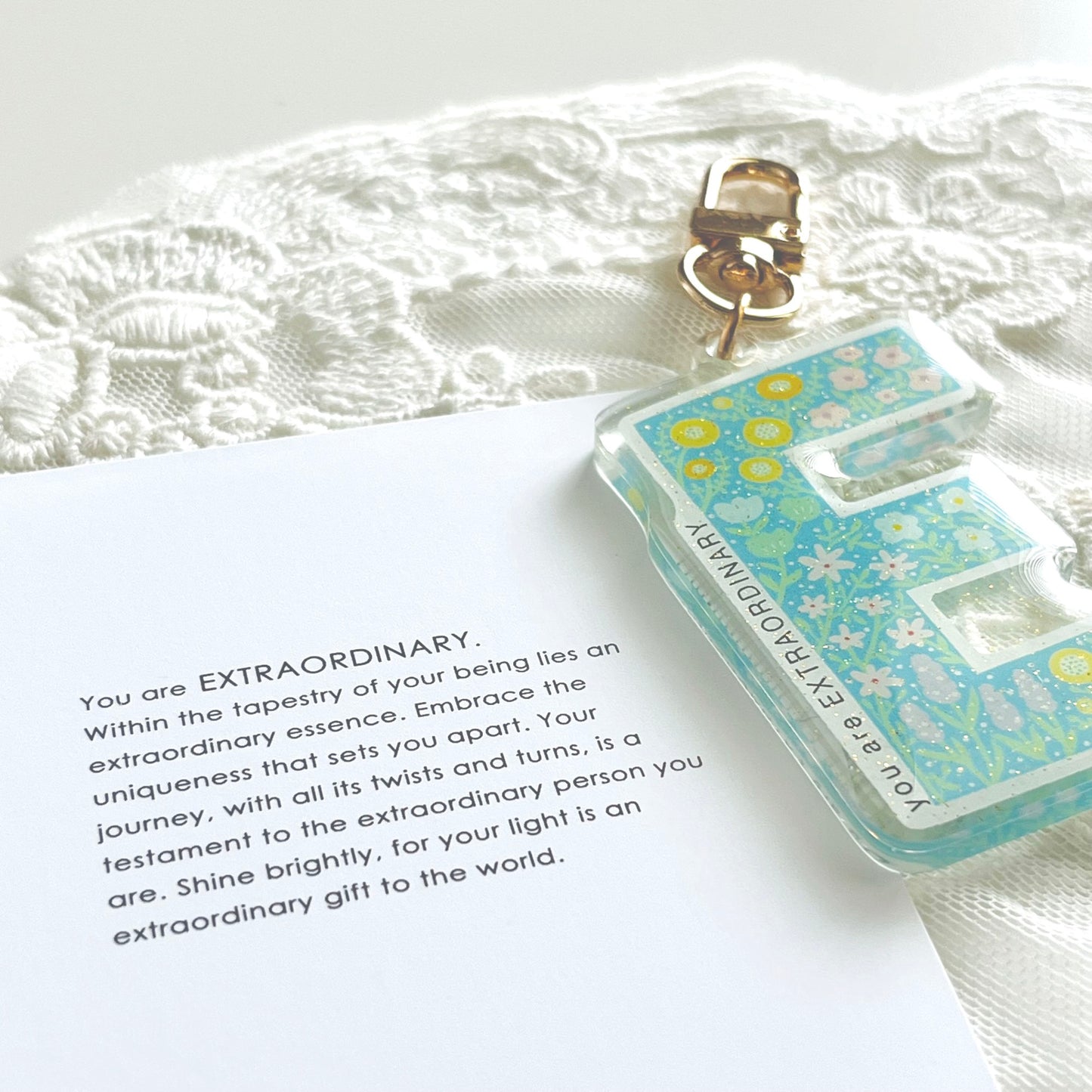 Letter Affirmation Keychains – Floral Pattern Epoxy Acrylic Charm