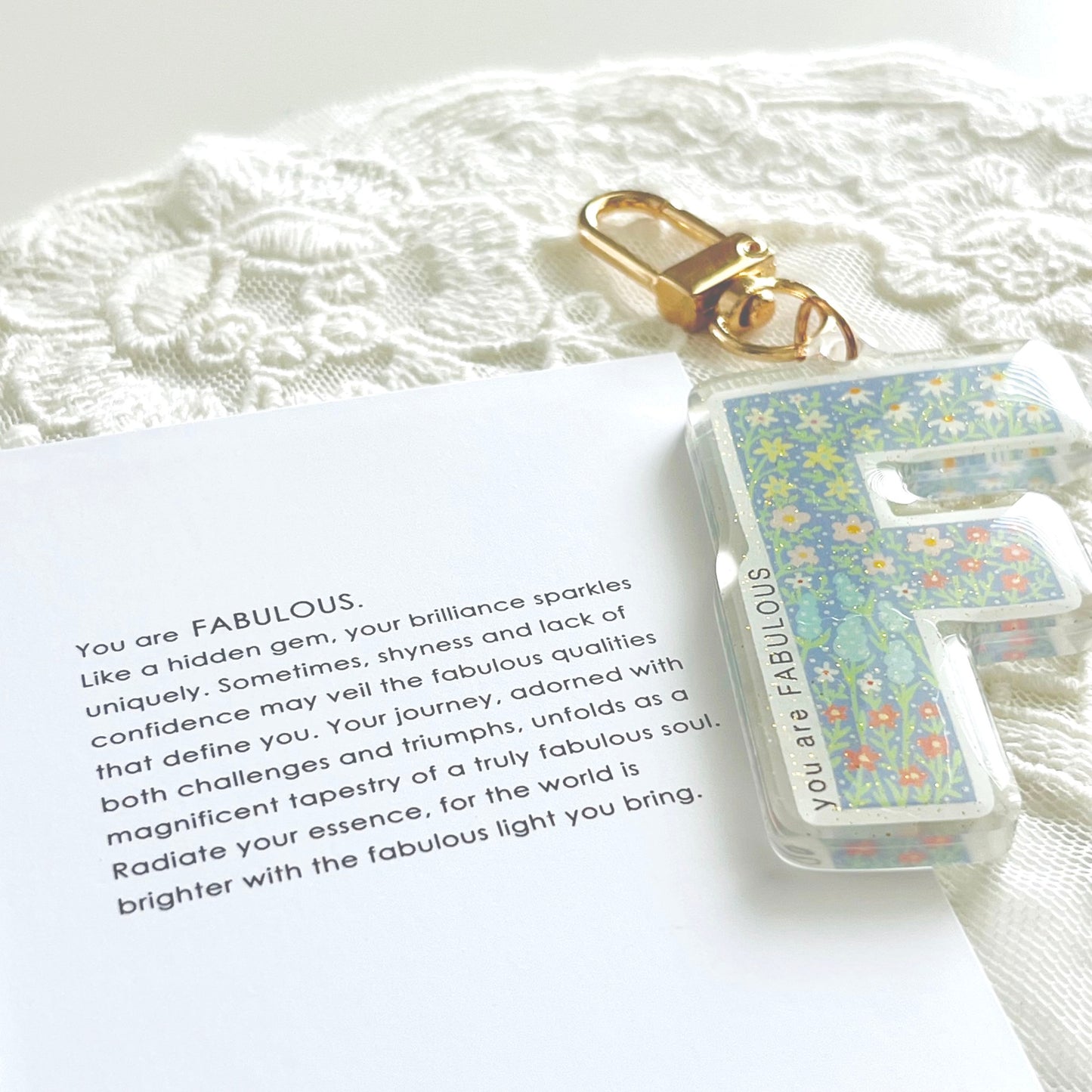 Letter F Affirmation Keychain – FABULOUS Floral Acrylic Charm