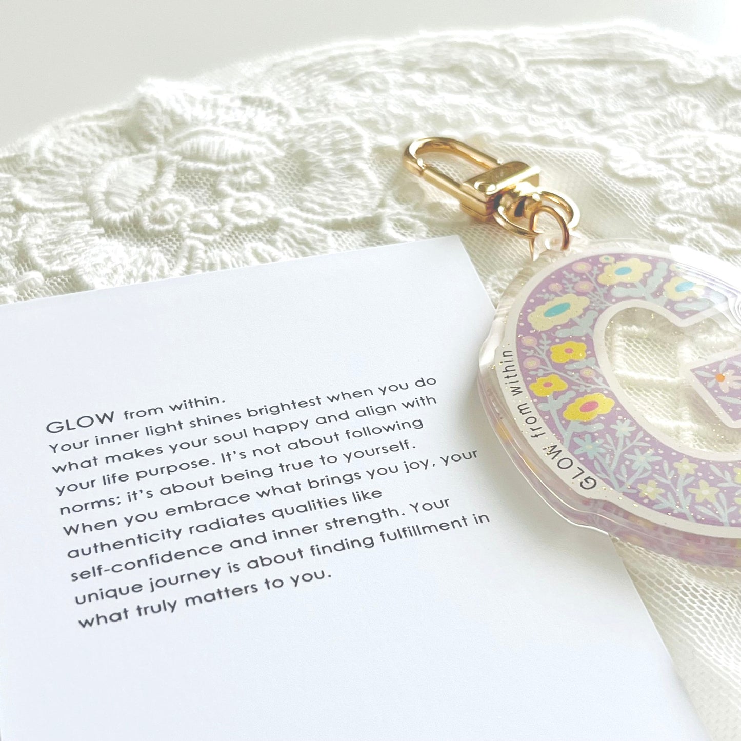 Letter G Affirmation Keychain – GLOW Floral Acrylic Charm
