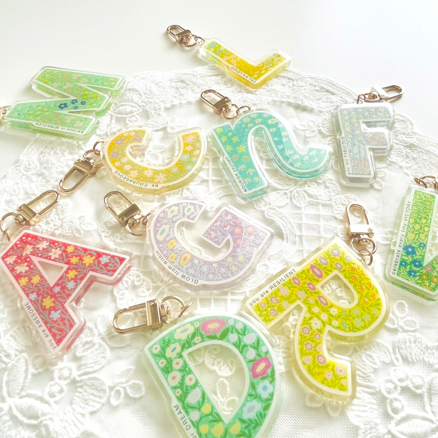 Letter Affirmation Keychains – Floral Pattern Epoxy Acrylic Charm