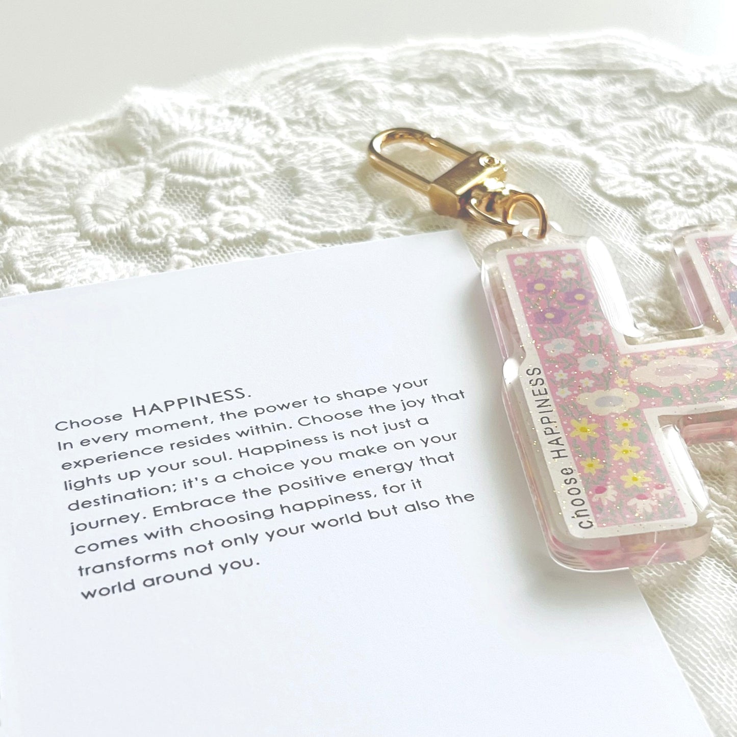 Letter H Affirmation Keychain – HAPPINESS Floral Acrylic Charm