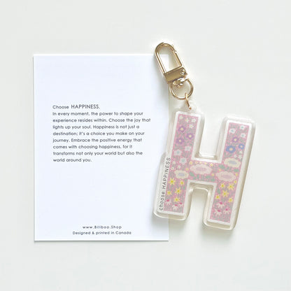 Letter H Affirmation Keychain – HAPPINESS Floral Acrylic Charm