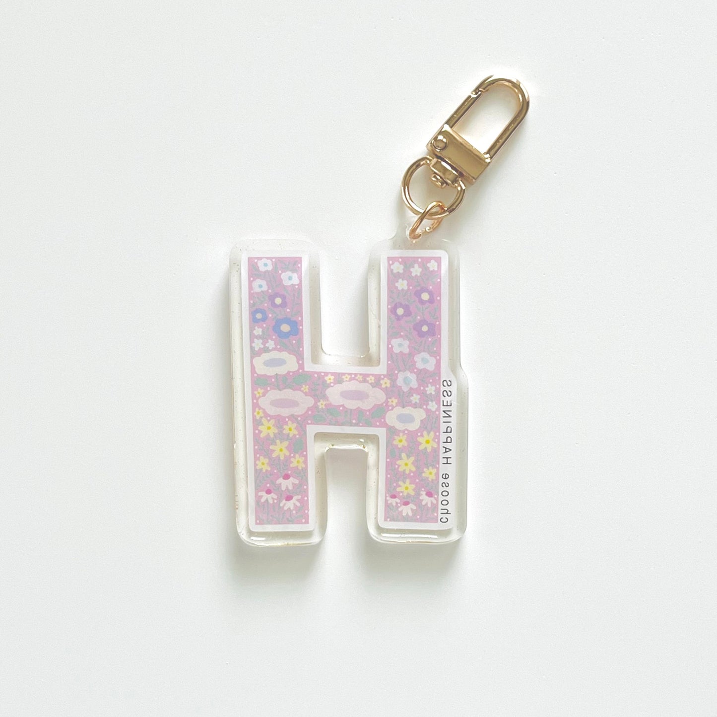 Letter H Affirmation Keychain – HAPPINESS Floral Acrylic Charm