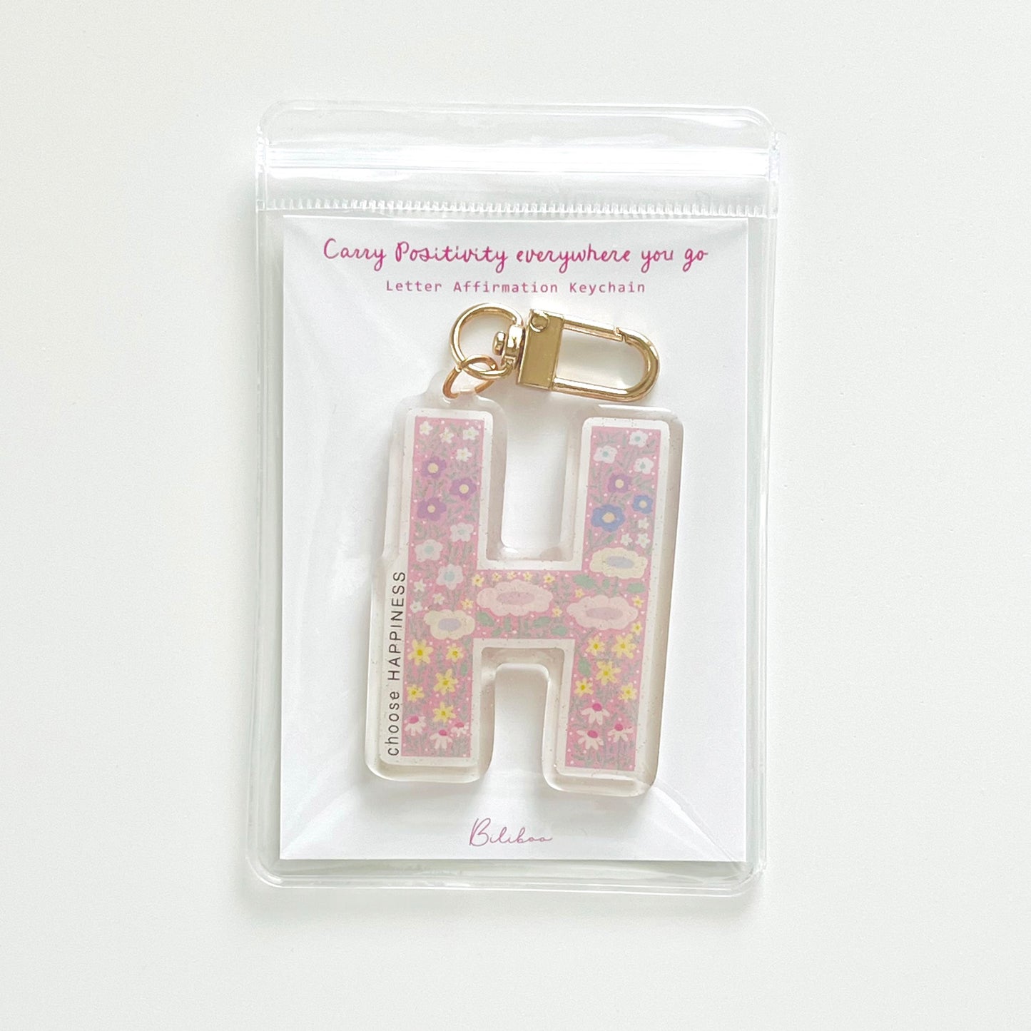 Letter H Affirmation Keychain – HAPPINESS Floral Acrylic Charm