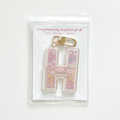 Letter H Affirmation Keychain – HAPPINESS Floral Acrylic Charm