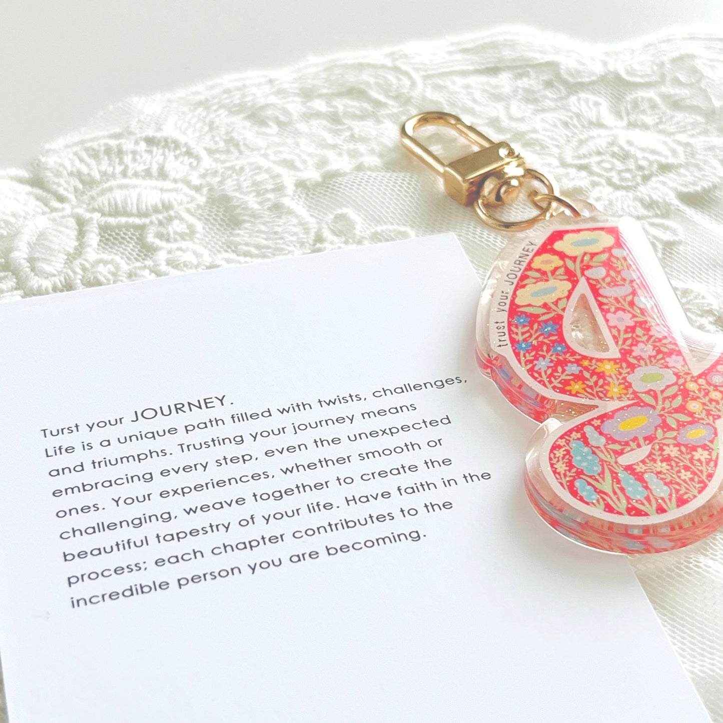 Letter J Affirmation Keychain – JOURNEY Floral Acrylic Charm