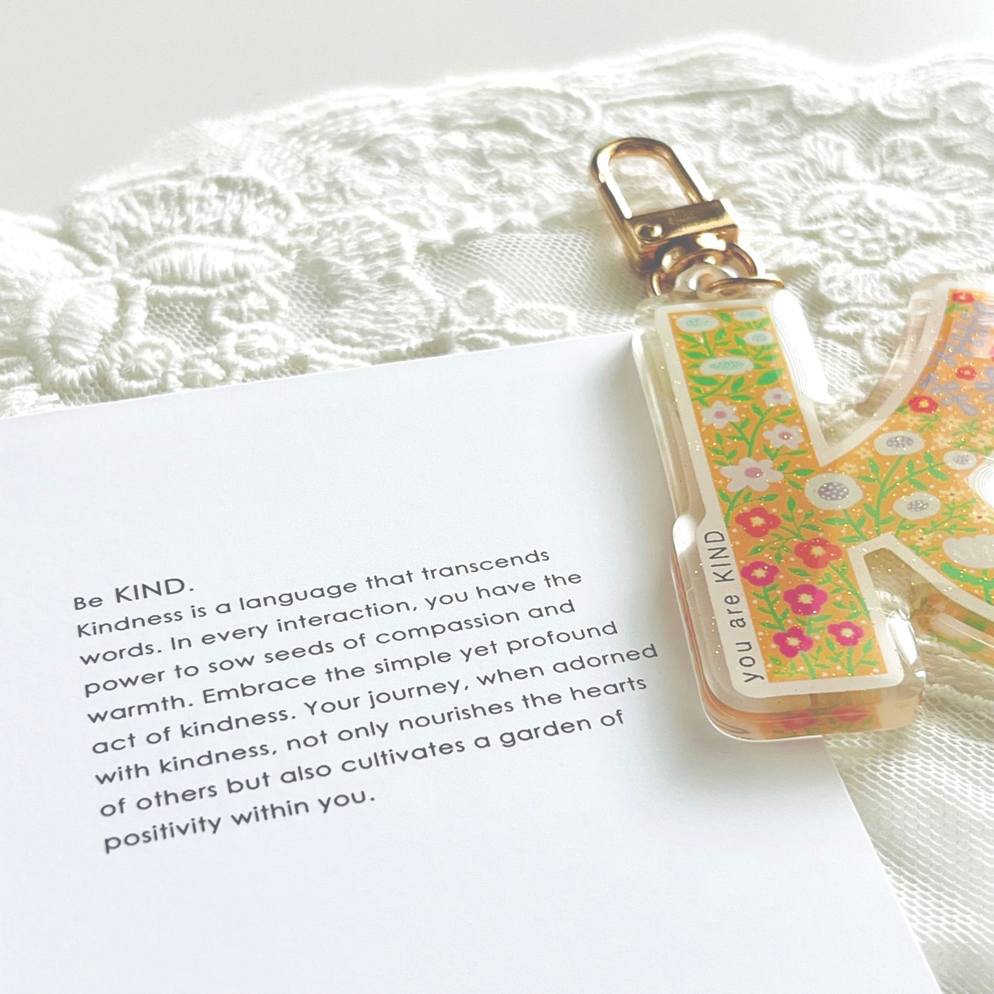 Letter K Affirmation Keychain – KIND Floral Acrylic Charm