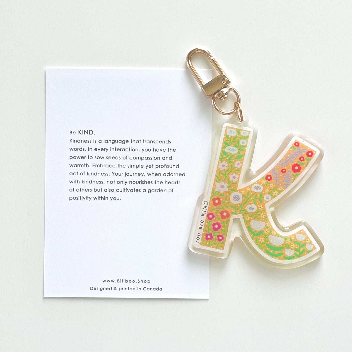 Letter K Affirmation Keychain – KIND Floral Acrylic Charm