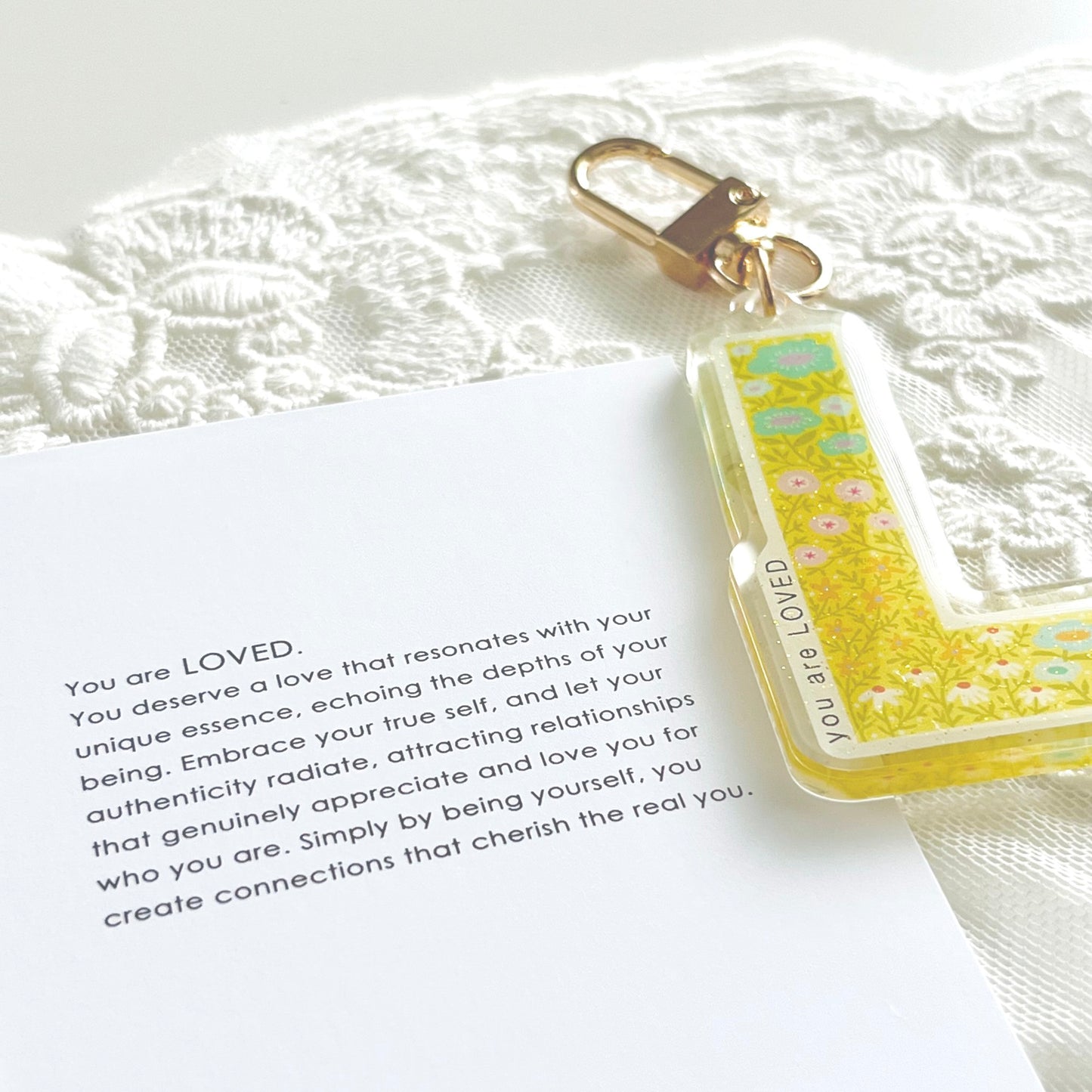 Letter L Affirmation Keychain – LOVED Floral Acrylic Charm