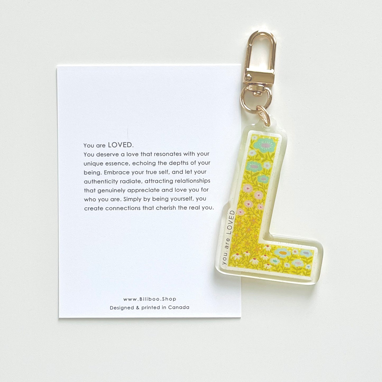 Letter L Affirmation Keychain – LOVED Floral Acrylic Charm