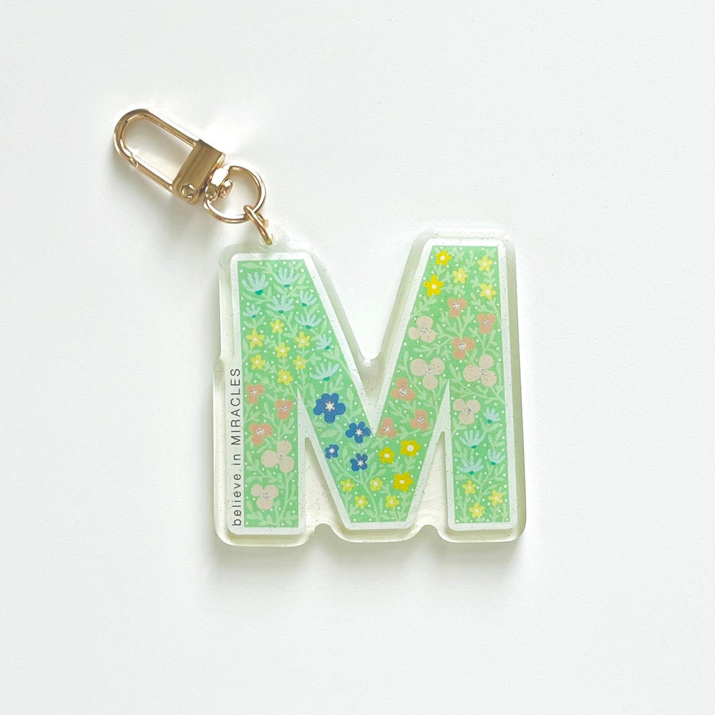 Letter M Affirmation Keychain – MIRACLES Floral Acrylic Charm
