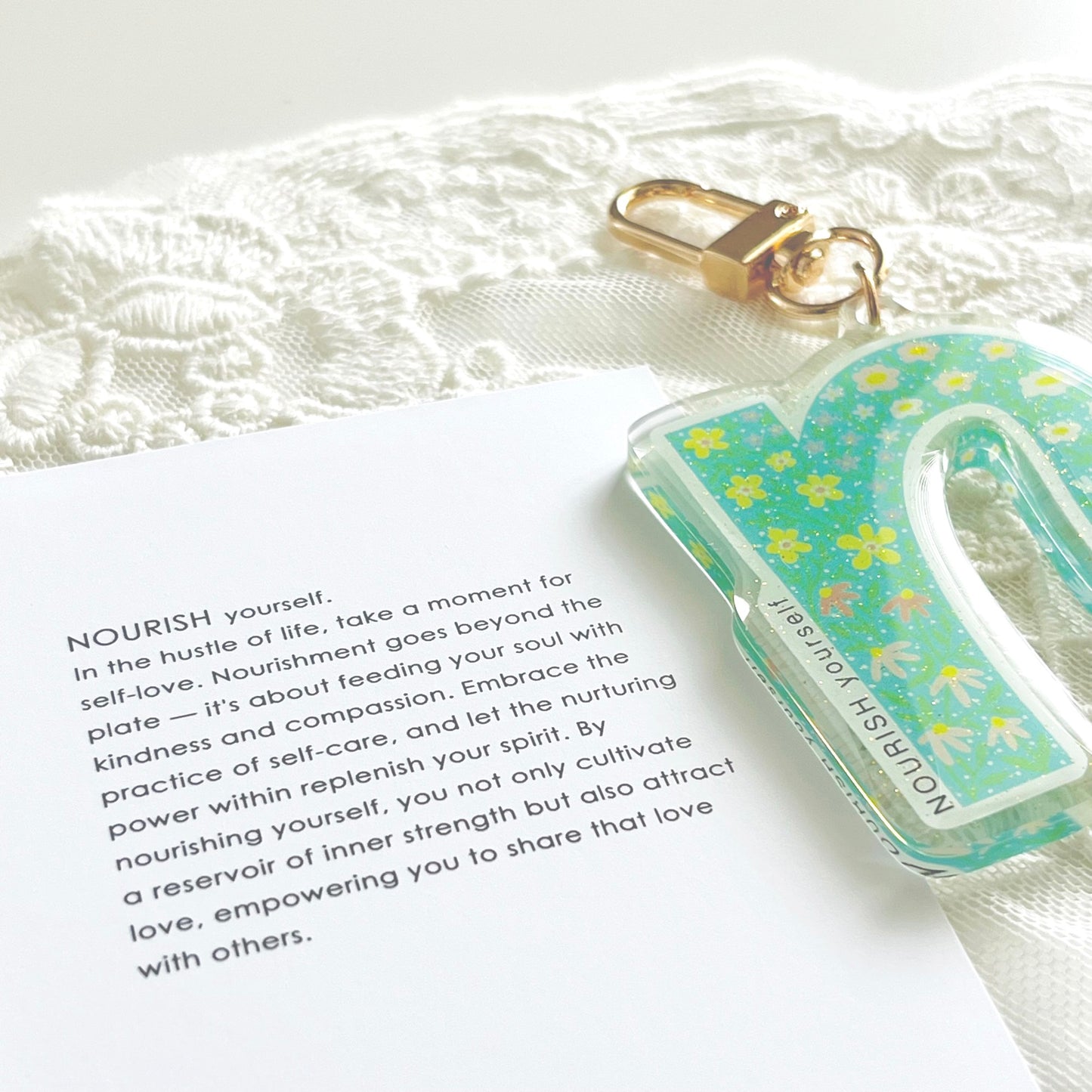 Letter N Affirmation Keychain – NOURISH Floral Acrylic Charm