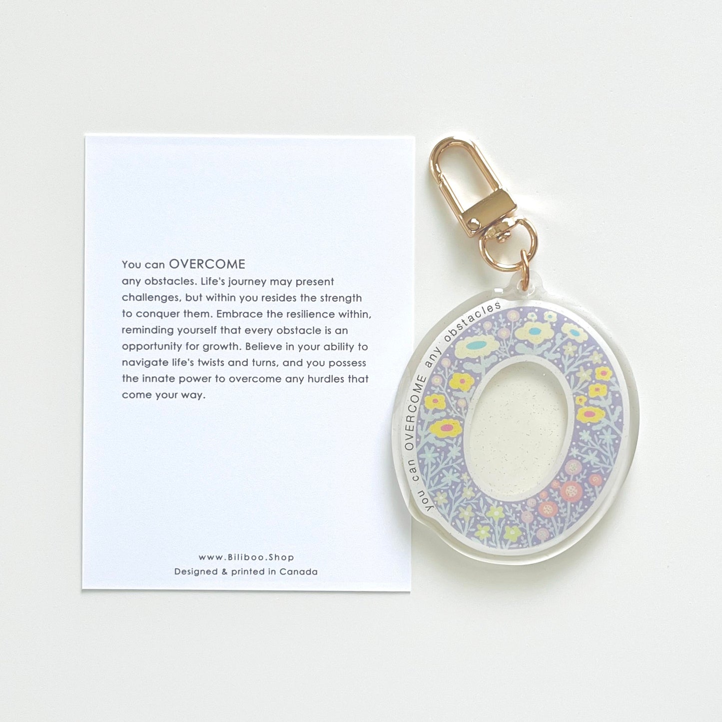 Letter O Affirmation Keychain – OVERCOME Floral Acrylic Charm